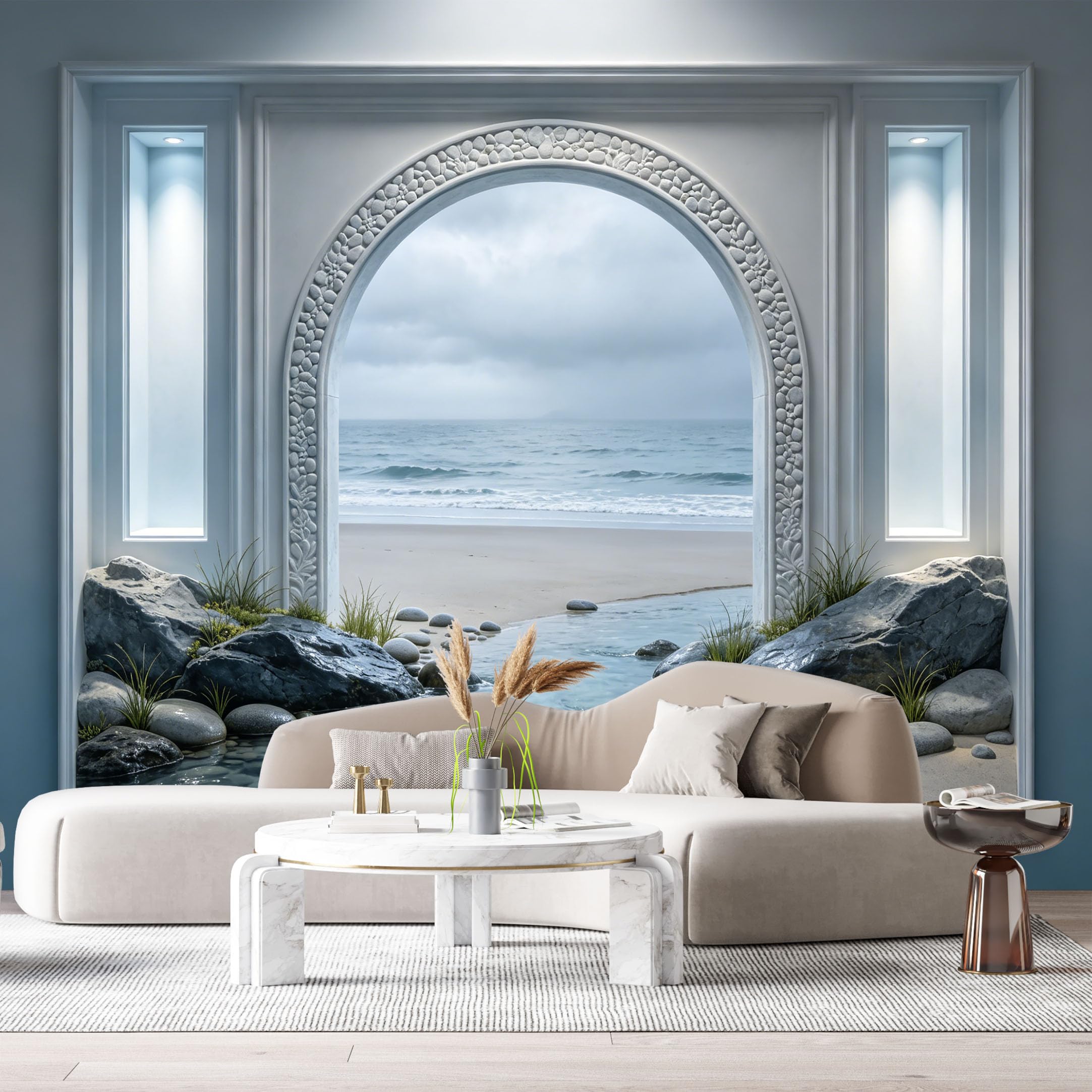 Custom Size Wall Murals Coastal Ocean Archway Stone 3D Trompe L'Oeil SelfAdhesiveWall Fabric Removable Wallpaper Wall Decor for Living Room Bedroom Bathroom