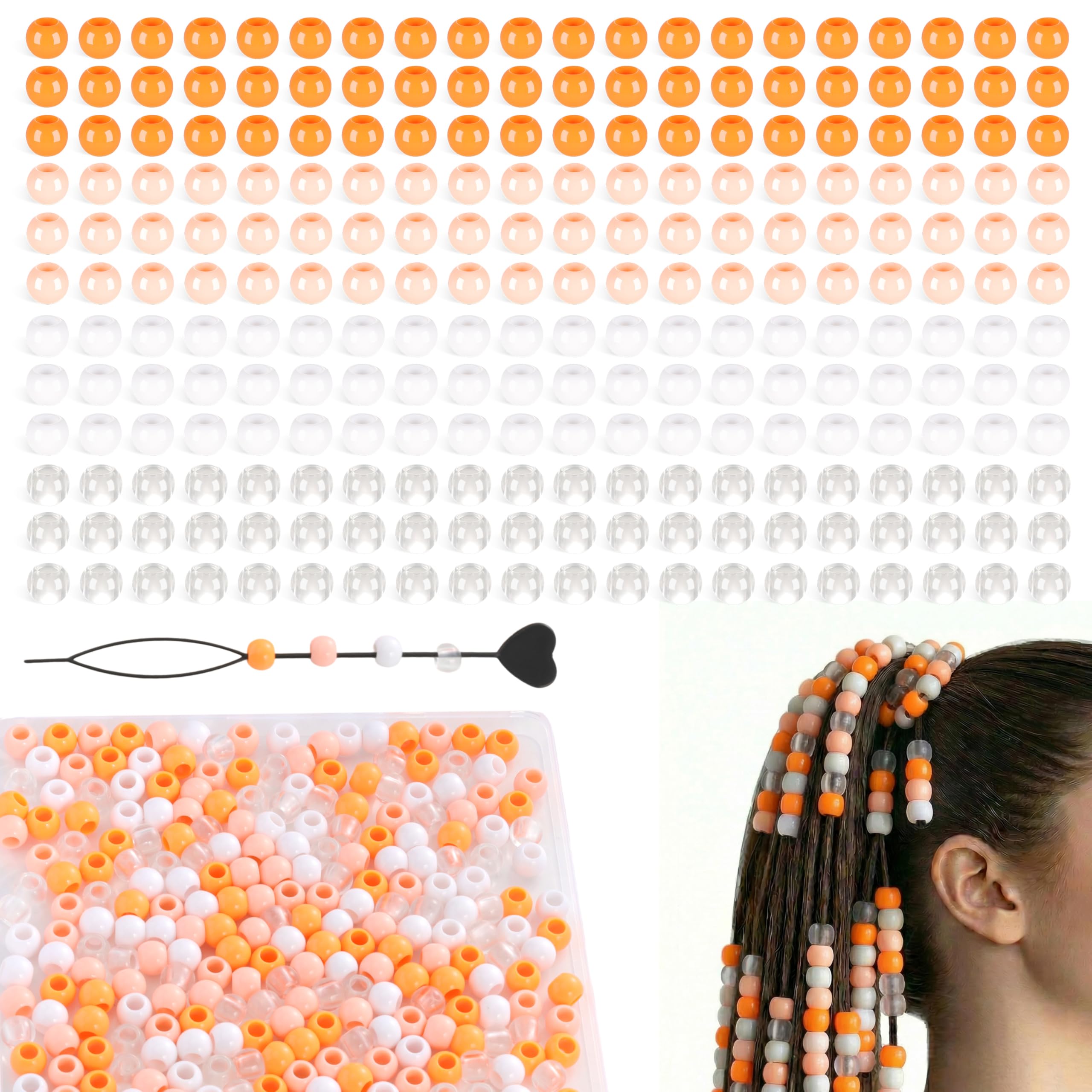 GUJOXILA 300PCS Orange Hair Beads for Braids Acrylic Hair Beads for Kids Adults Purple Large Bead Hairs Charms Jewellery Accessories with Hairs Threader