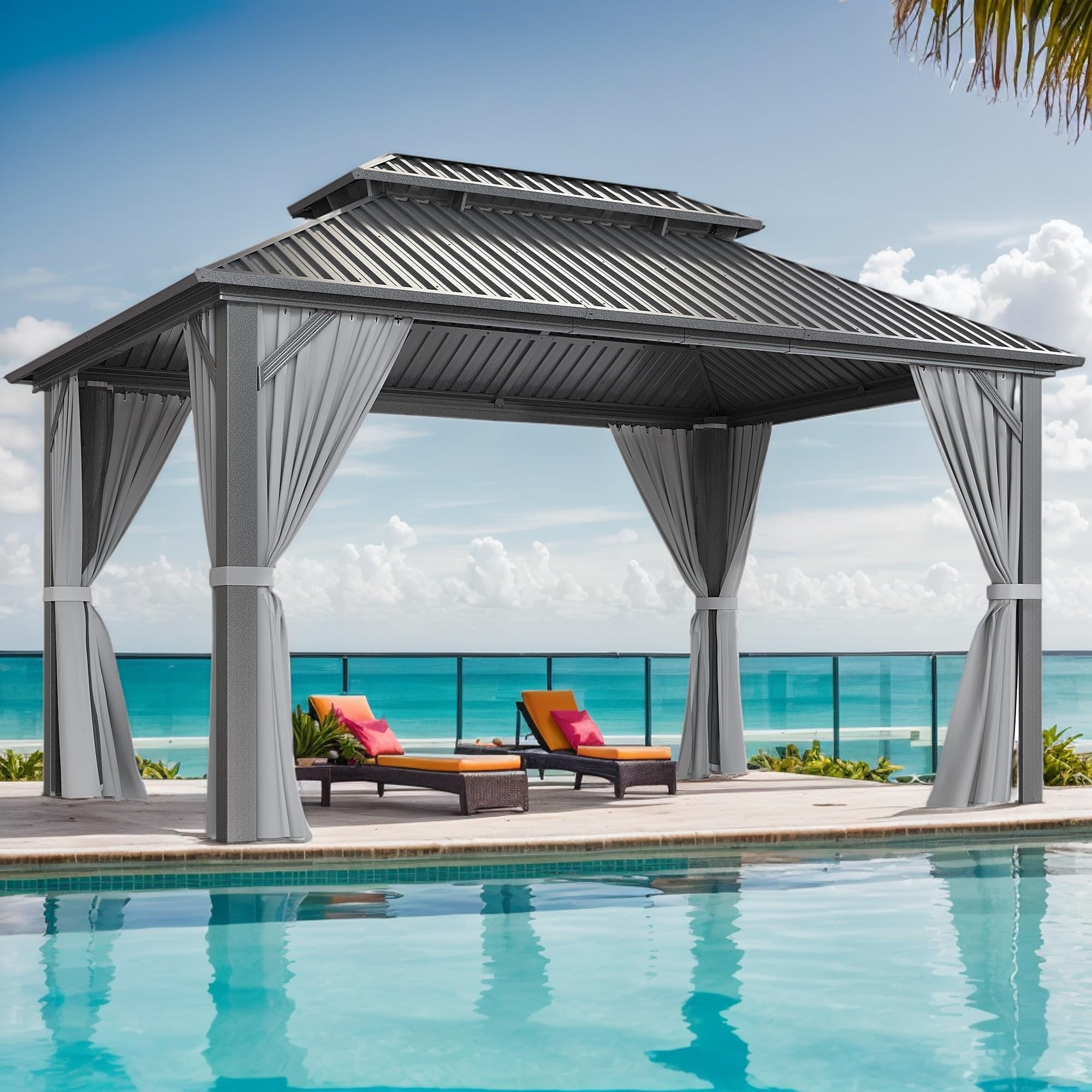 WKM 10x14 FT Hardtop Gazebo with Heavy Duty Galvanized Steel Double Roof, Aluminum Frame Permanent Pavilion with Curtains and Netting, Outside Canopy Gazebo for Patio, Deck and Backyard,Gray