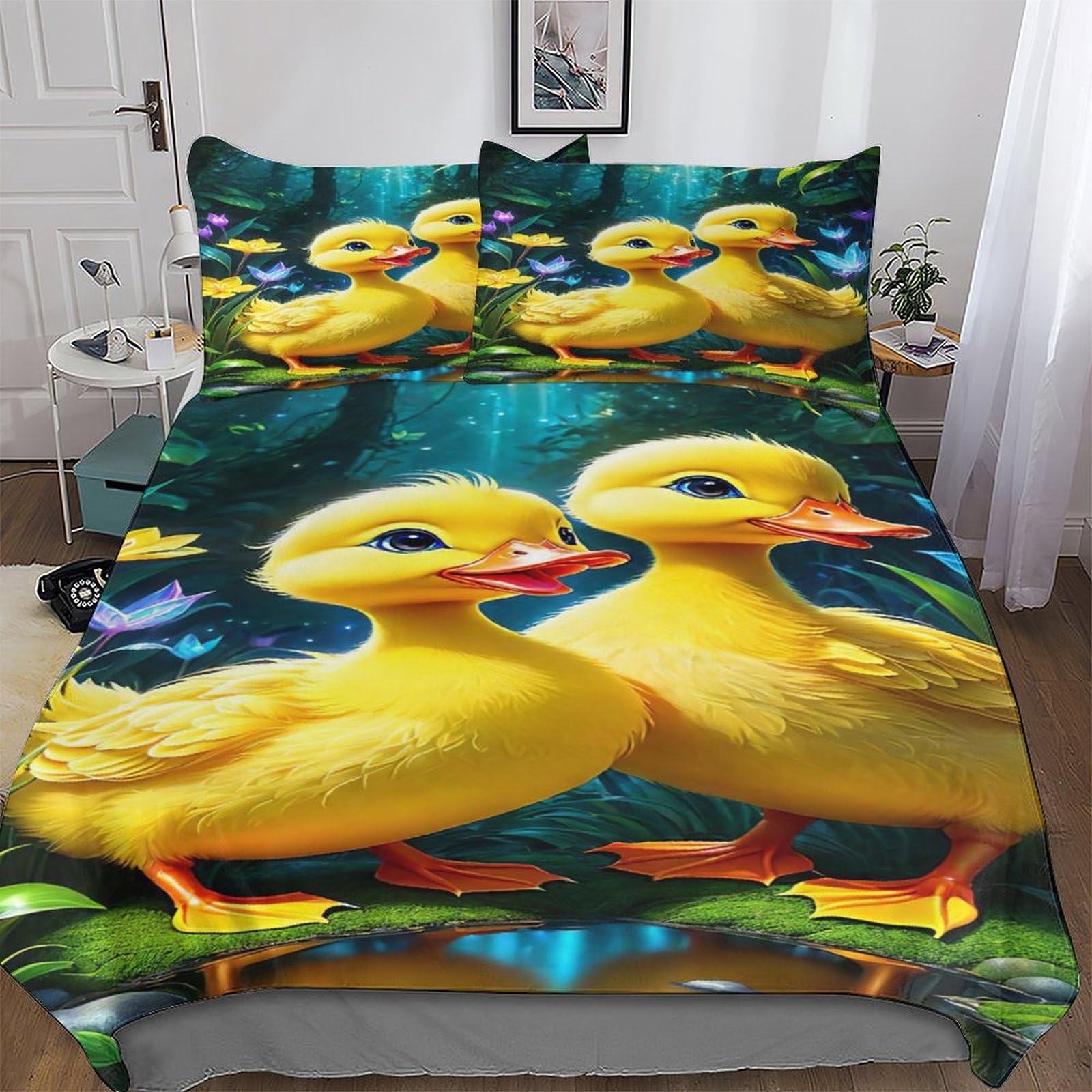 GGJJTT Little Yellow Duck Quilt Cover Super-Soft Bedding Set Comfortable Printed Duvet Cover Sets with Pillowcases for Adults Kids Single135x200cm