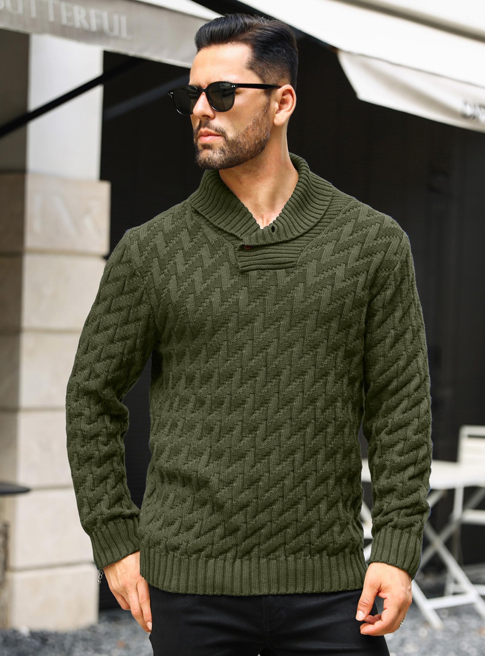 Zaitun Jersey de punto para hombre, cuello alto, con botones, cálido, manga larga, suéter de invierno
