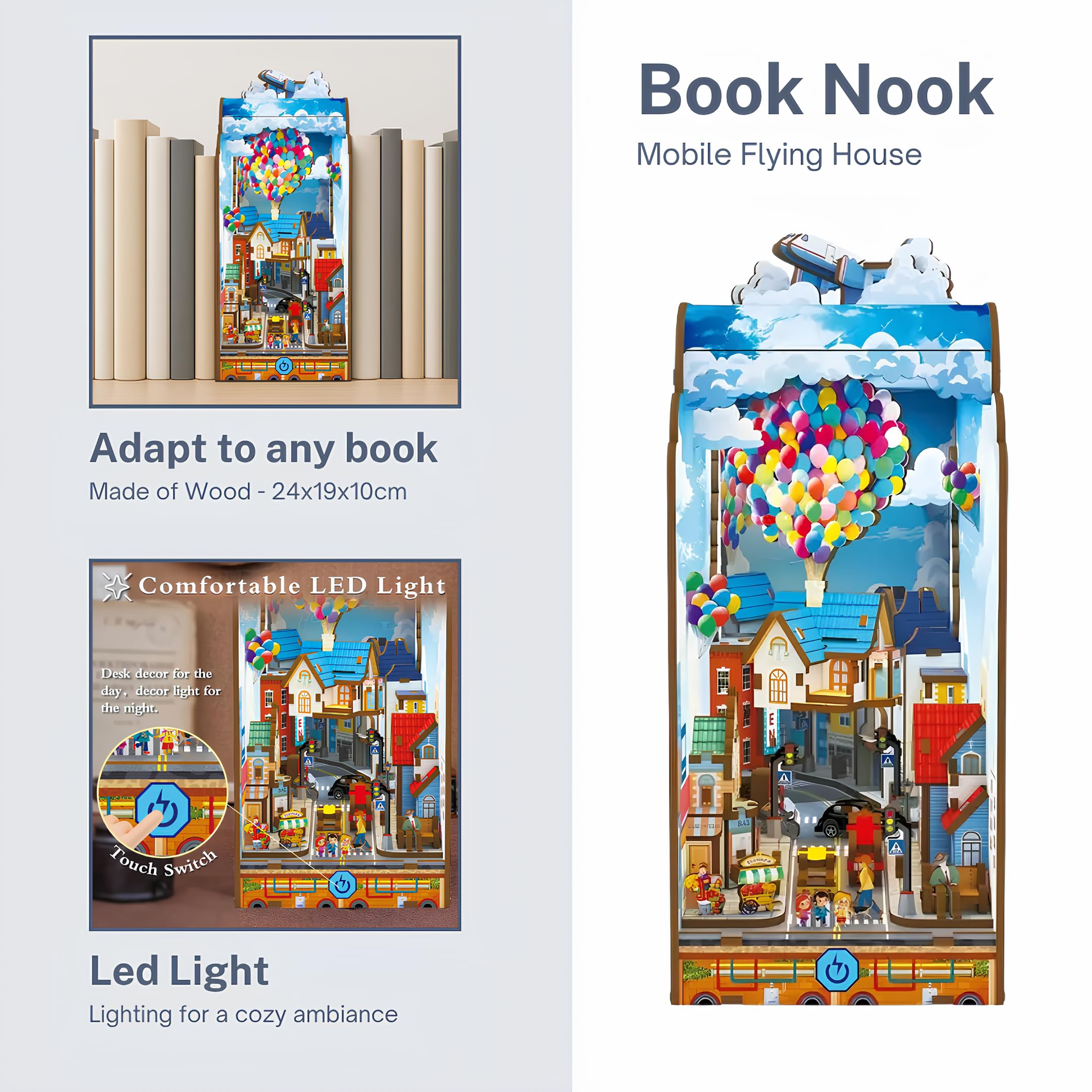 Malau – 3D Book Nook Puzzle aus Holz mit außergewöhnlichem Design und Licht – Miniaturhaus-Bausatz zum Selberbauen DIY Diorama für Bücherregal oder Schreibtisch Buch (Mobile Flying House)