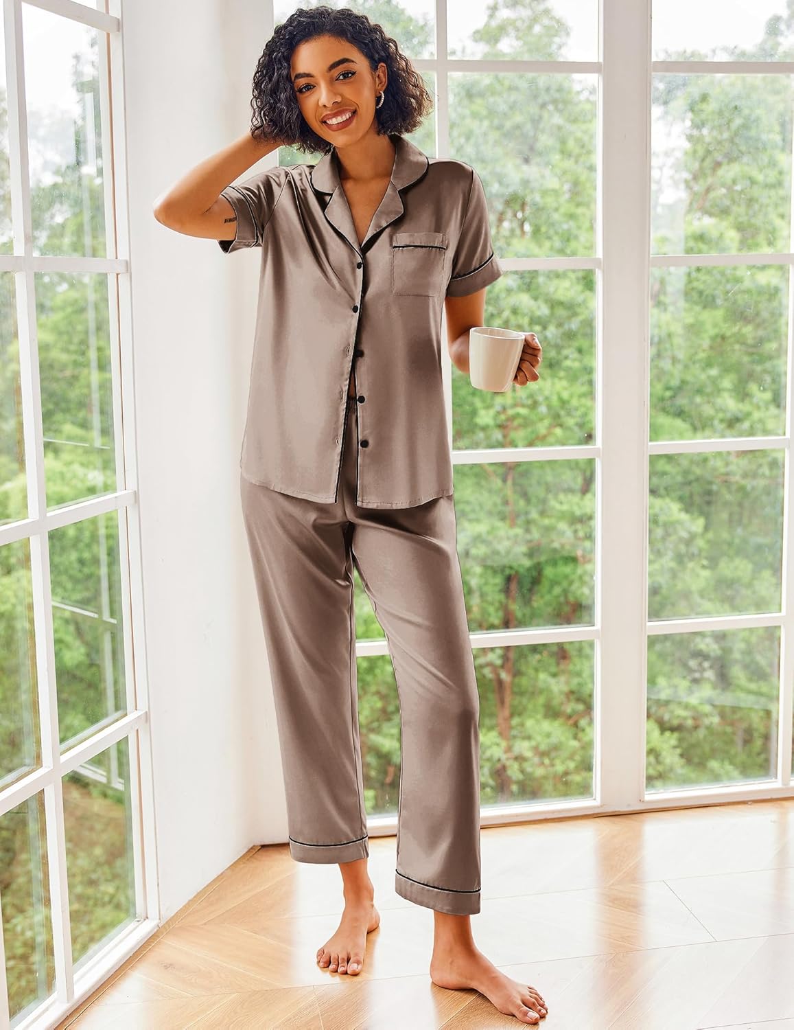 Ekouaer Silk Satin Pajamas Set Women Short Sleeve Sleepwear Soft Button Down Loungewear Pjs Set