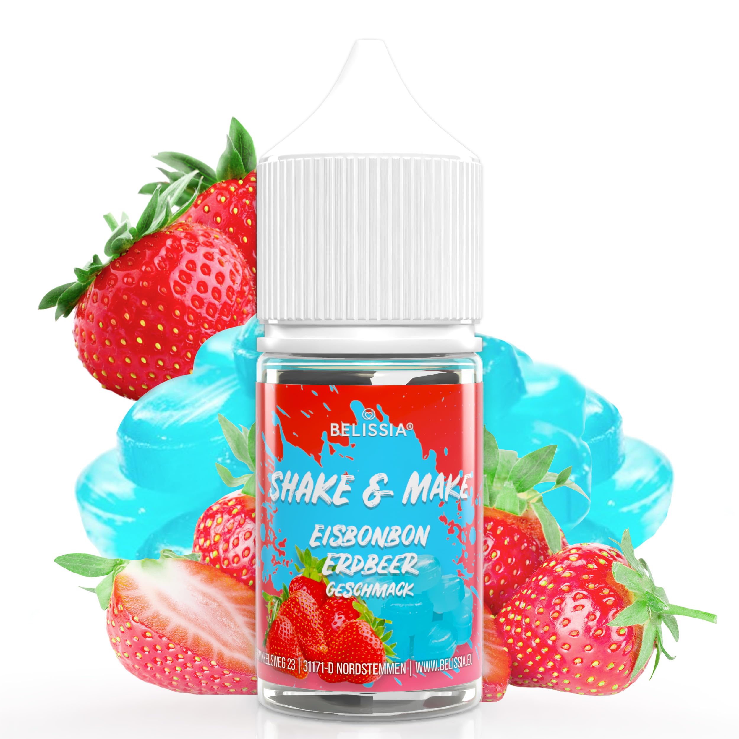 Belissia Shake and Make - Geschmack Eisbonbon-Erdbeer - 30 ml hochdosiertes Lebensmittelaroma - zum Nachfüllen - Für Backen, Speisen, Getränke, Shakes, DIY & Raumduft - Vegan & ohne Zusatzstoffe