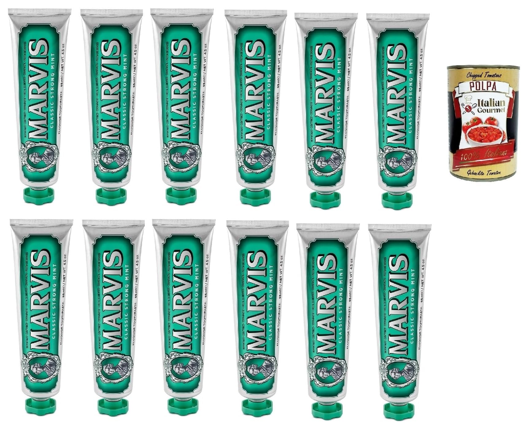 12 x Classic Strong Mint Toothpaste, 85 ml, Toothpaste with Taste Experience Guarantee for Invigorating and Long-Lasting Freshness + Italian Gourmet Polpa 400 g
