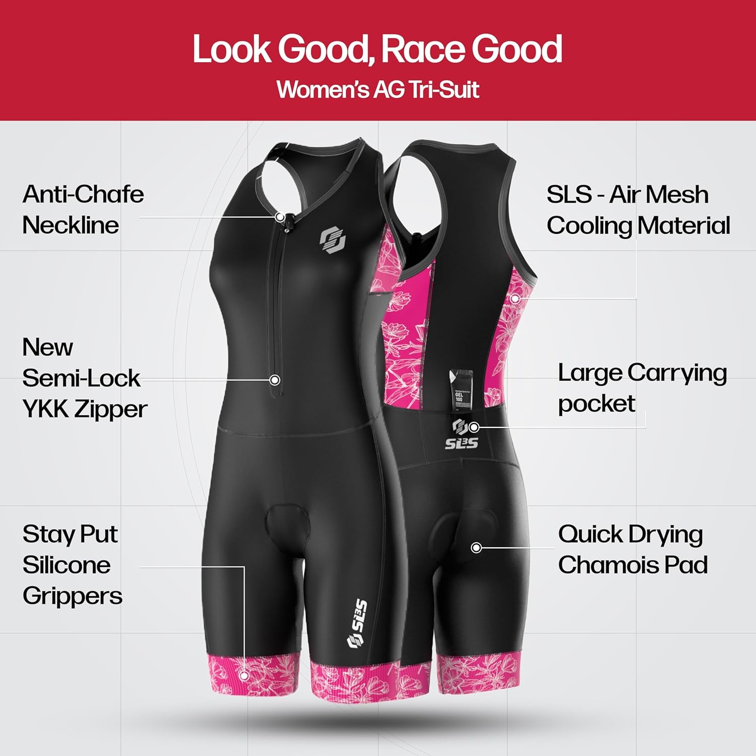 SLS3 Triathlon Suits Women - One Piece Tri Suit Women with Comfortable and Durable FRT Fabric - No Shelf Bra (Black/Fuchsia Poppies, Small)
