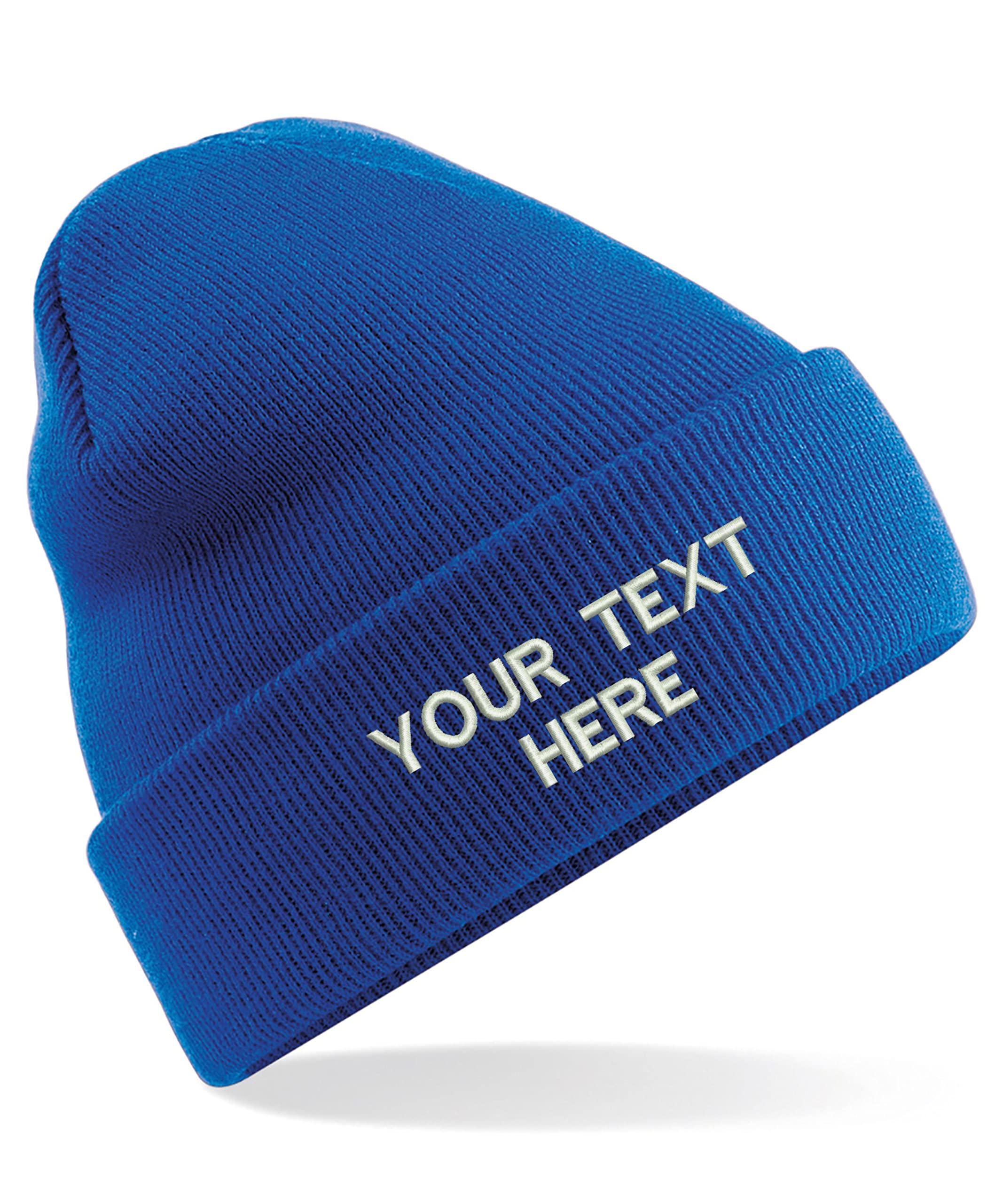 Personalised Embroidered Your Text Beanie, Knitted Cap Your Name Hat Unisex Gift (Bright Royal)