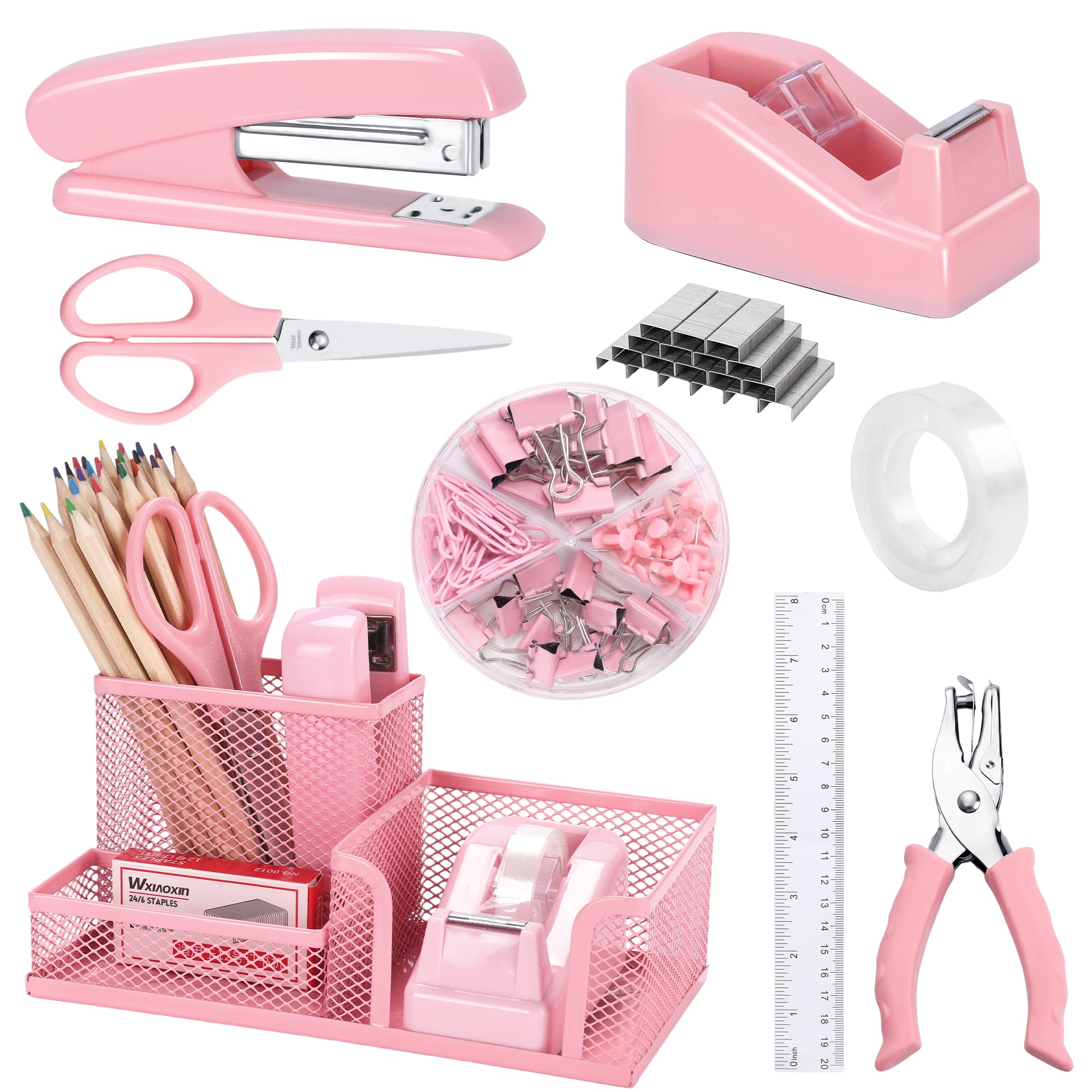 Schreibtisch-Zubehör, 9-teiliges Schreibtisch-Organizer und Zubehör mit Netz-Stifthalter, Hefter, Klebebandspender, Locher, Bürobedarf-Set für Büro, Zuhause, Schule, Frauen, Studenten