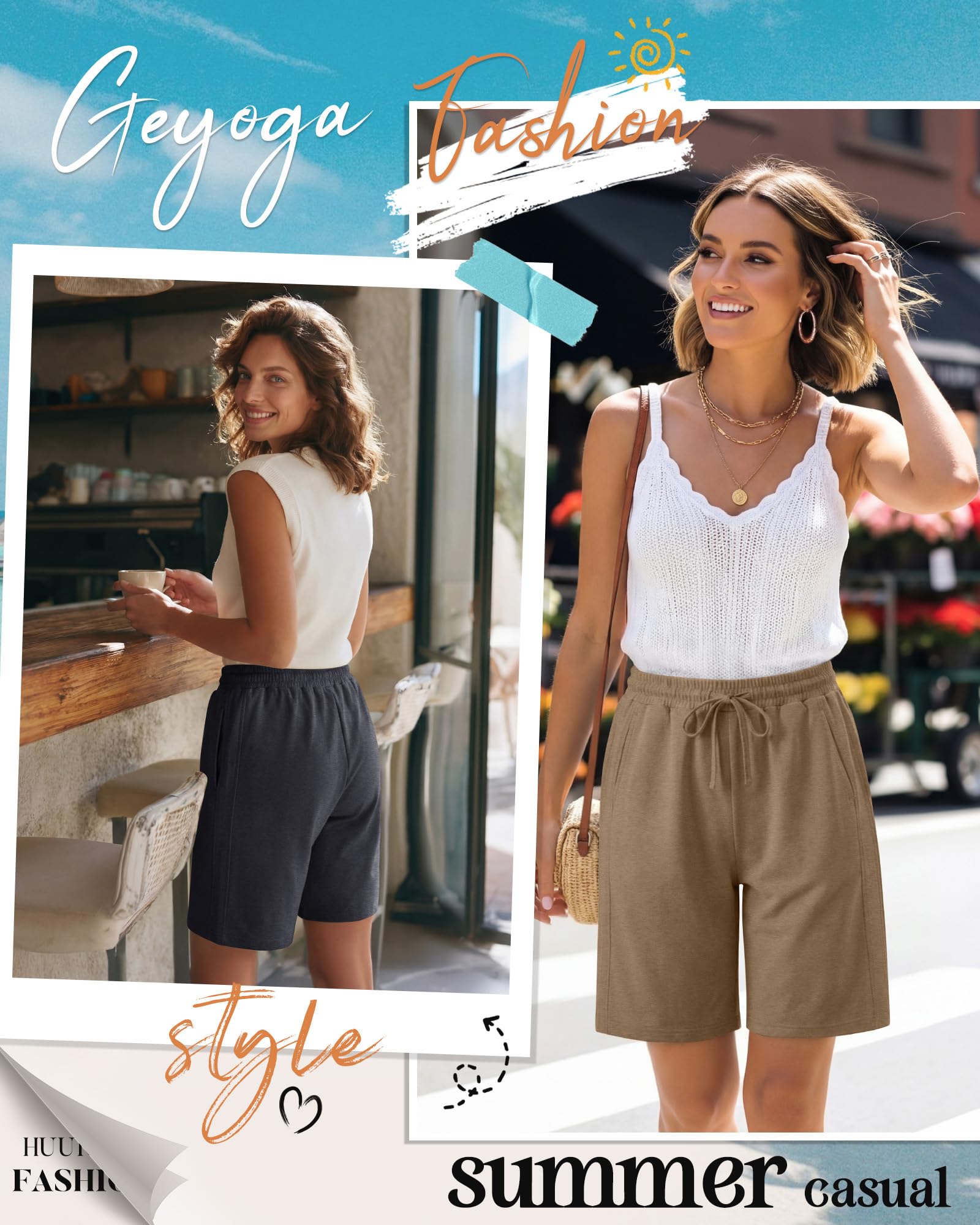 Geyoga 4er-Pack Bermuda-Shorts für Damen, Baumwoll-Shorts mit Kordelzug, Elastischem Bund, Weitem Bein und Taschen
