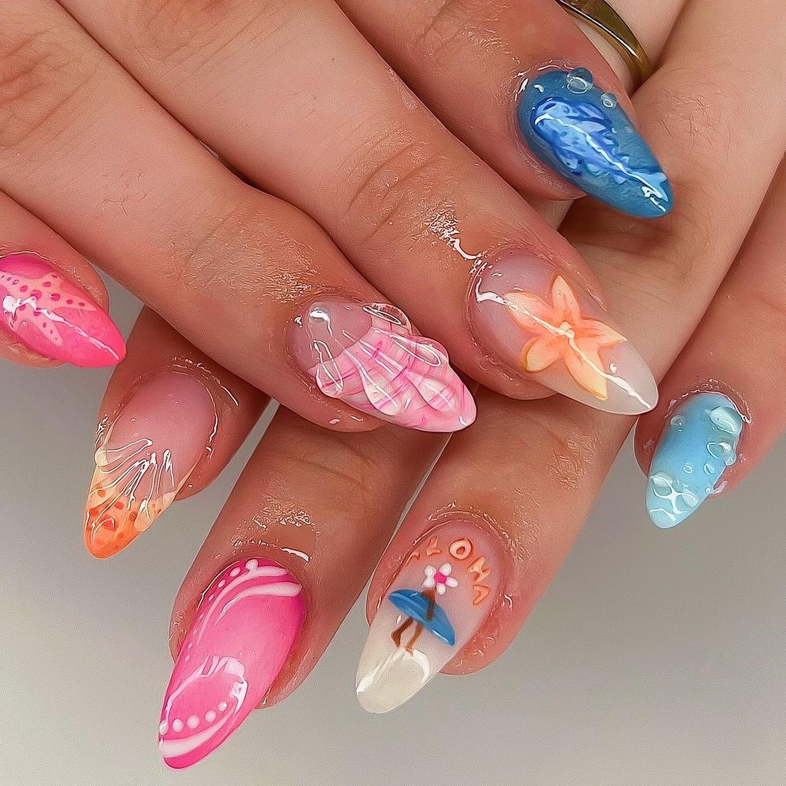Almond Press on Nails Medium SWEKKE 3D Fake Nails French Tip False Nails with Surf Floral Polka Dots Designs Pink&Blue Glossy Glue on Nails Summer