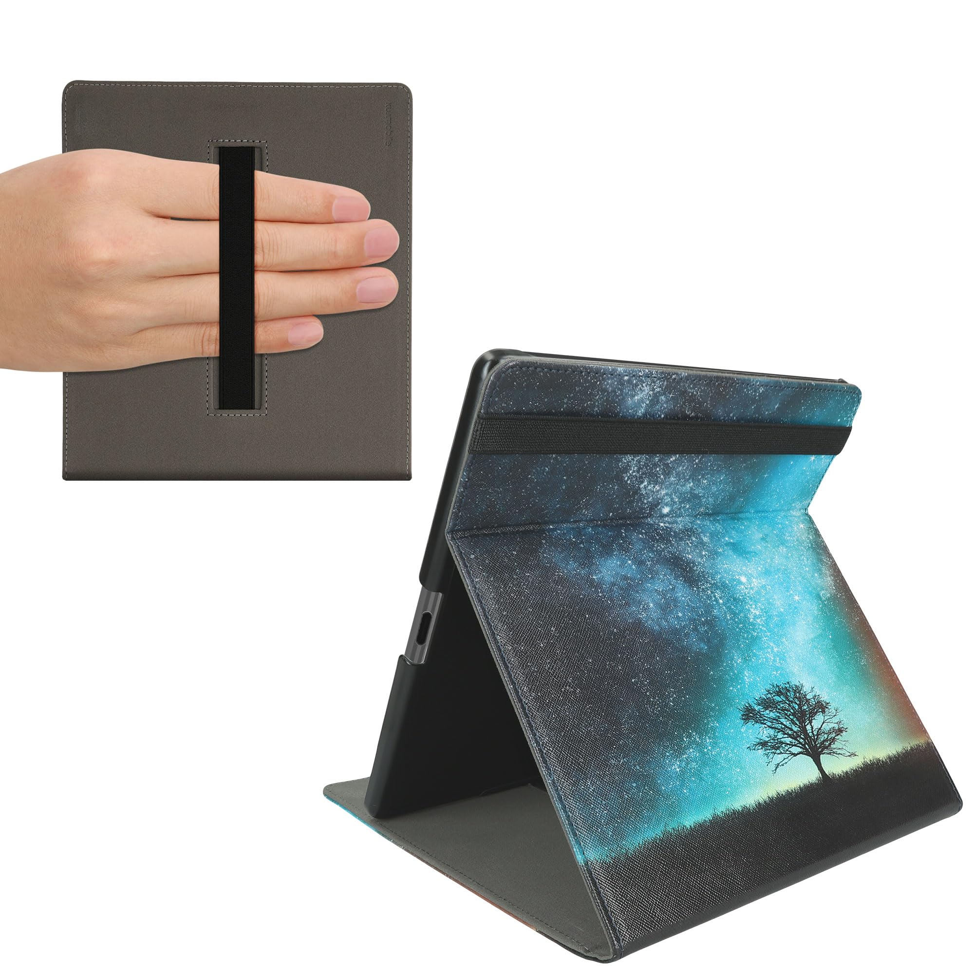kwmobile Hülle kompatibel mit Amazon Kindle Scribe (2022/2024) Hülle - Case mit Schlaufe und Ständer - Galaxie Baum Wiese Blau Grau Schwarz