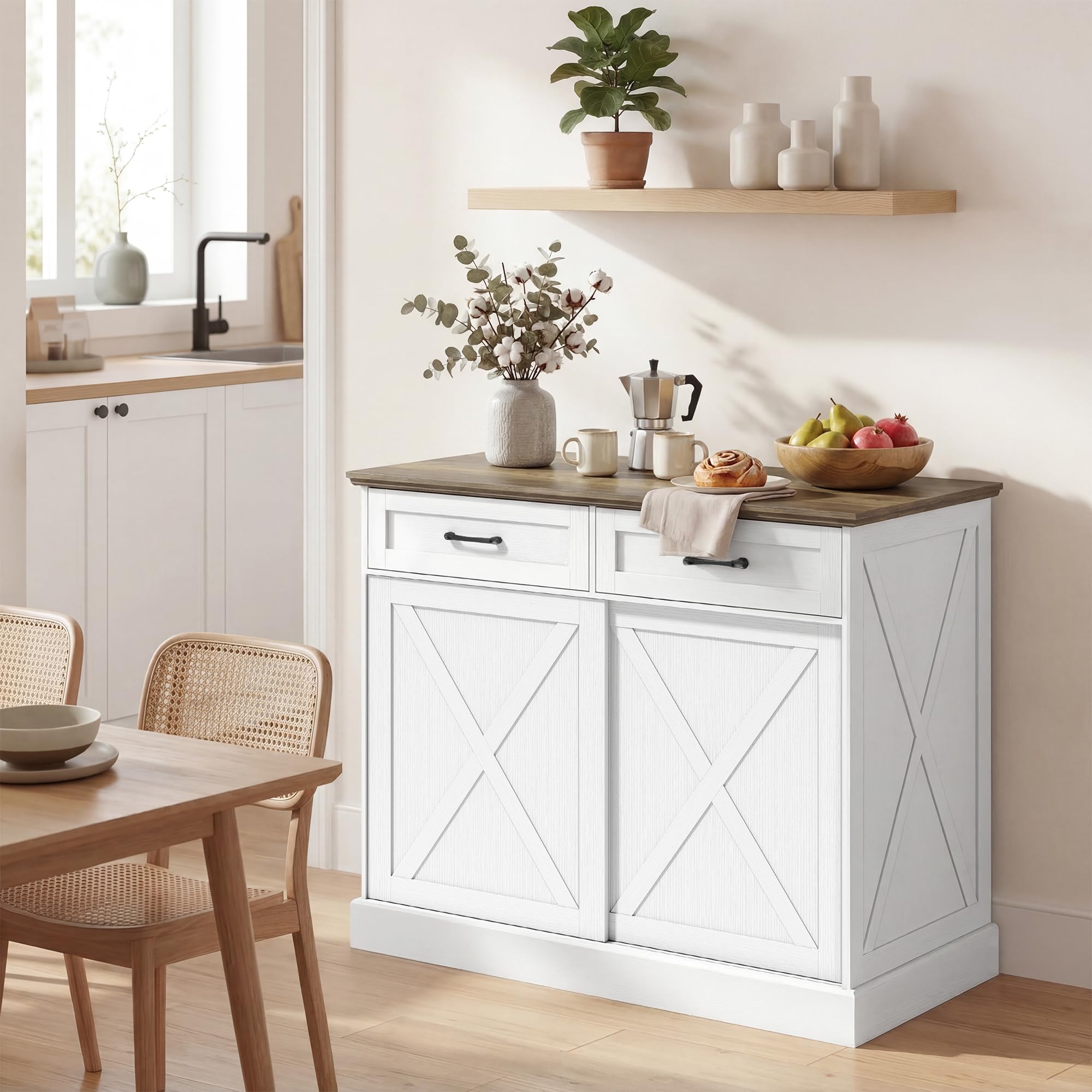 HOMCOM Îlot Central Cuisine, Buffet Cuisine, Meuble de Rangement avec 2 Tiroirs, 2 Portes Coulissantes et Étagère Réglable, Style Rustique, 106,4 x 57 x 92 cm, Blanc et Marron