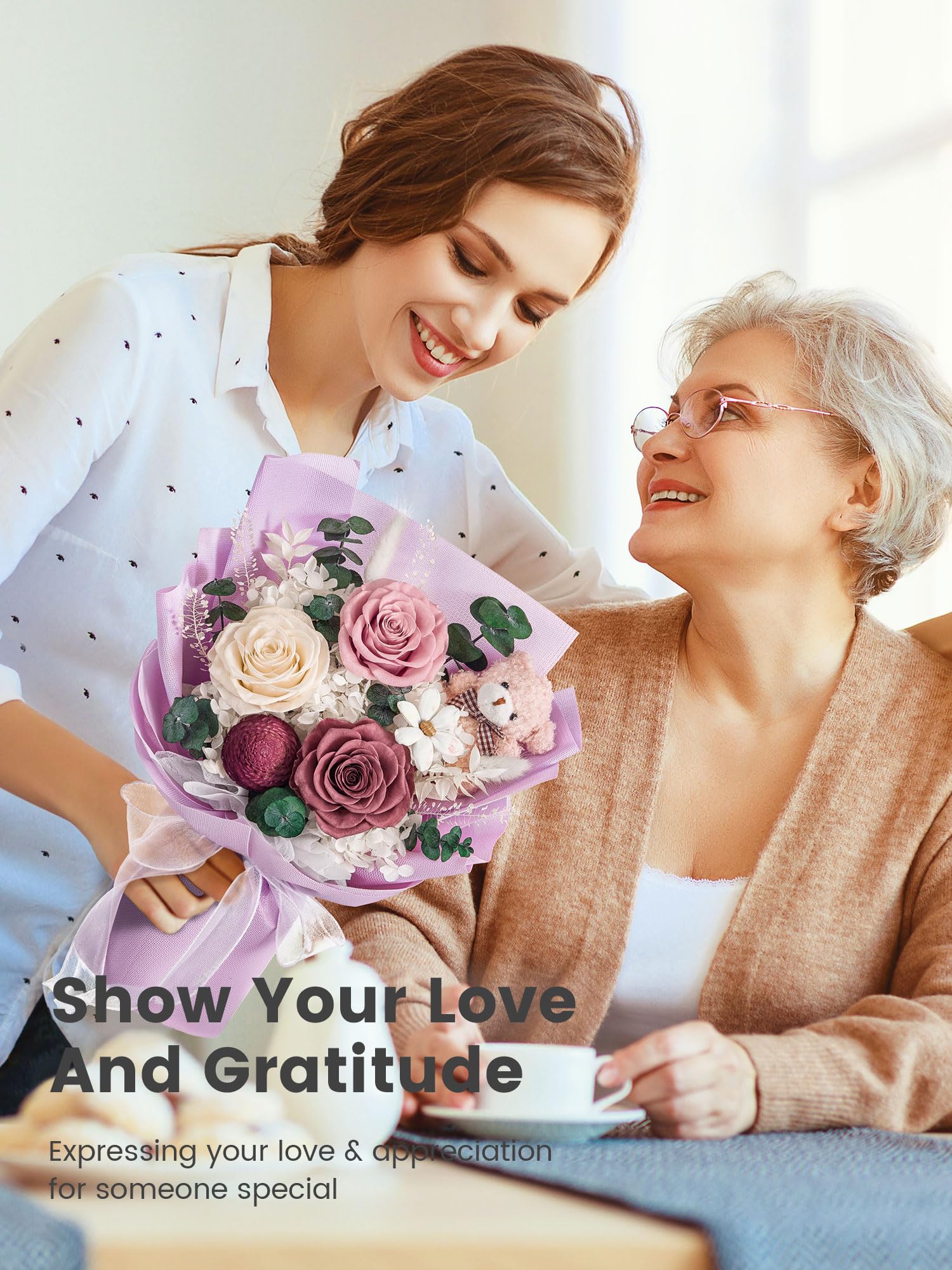 Ramo de flores preservadas de 3 piezas con caja de regalo de oso para esposa, madre, día de San Valentín, día de la madre, aniversario, cumpleaños (morado)