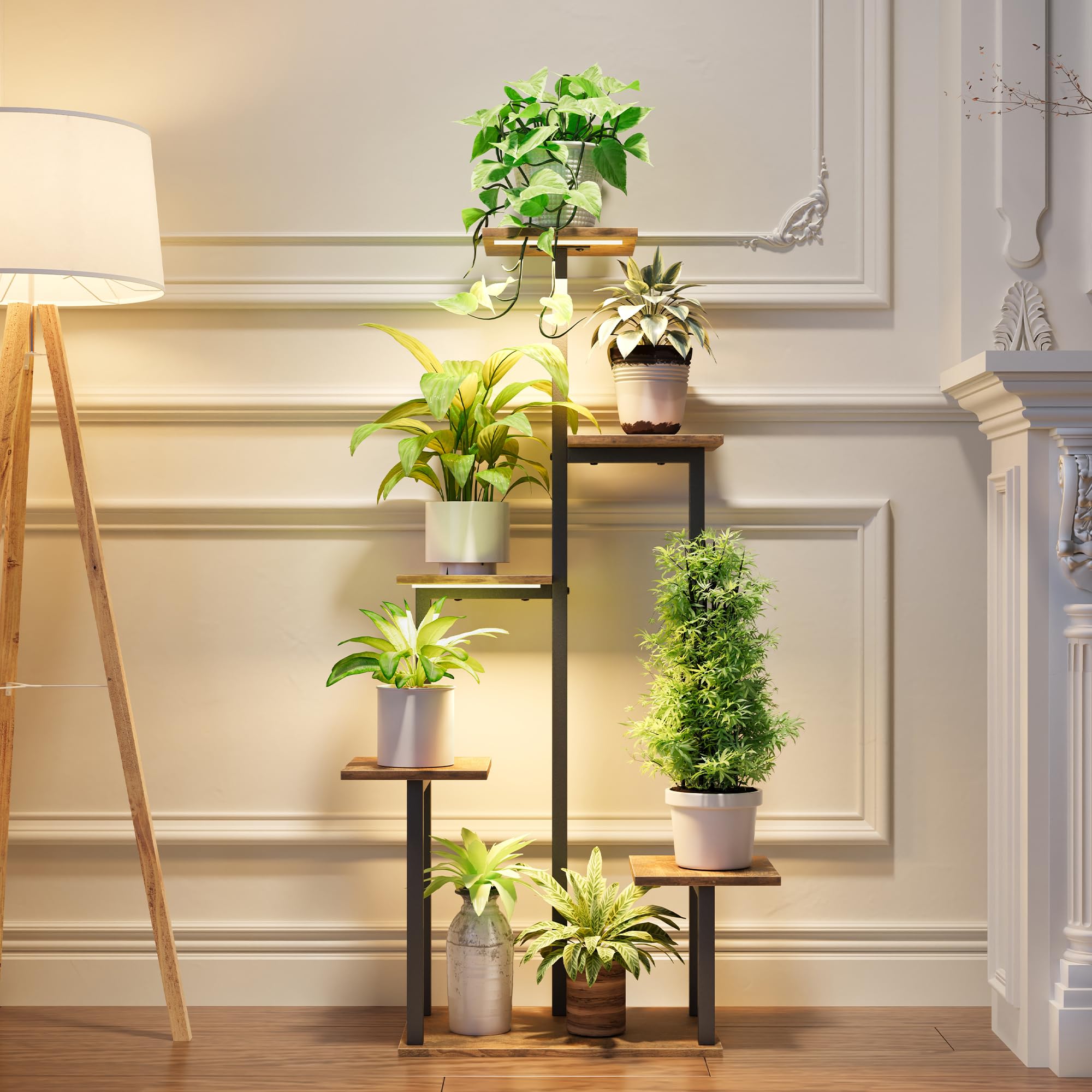 GoTiling Blumenständer Pflanzenständer Blumentreppe mit Wachstumslicht - Indoor Pflanzenregal für Ecken, Modernes Regal für Zimmerpflanzen, 6 Etagen, Ideal für Wohnzimmer, Balkon und Büro
