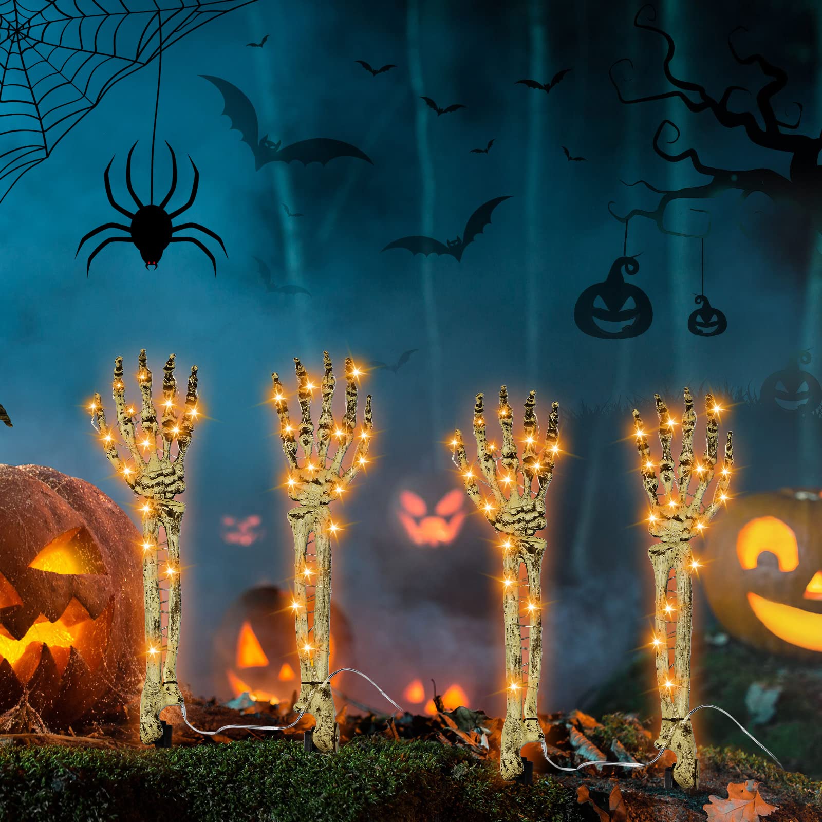 4 Pieces Halloween Decorations Lighted Skeleton Arm Stakes Realistic LED Skeleton Hand Halloween Skeleton Light up Plastic Skeleton Waterproof Battery Powered with Timer for Halloween Party Decoration