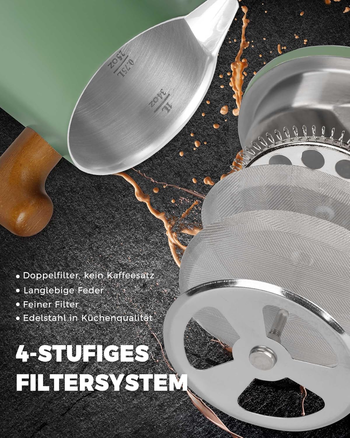 POLIVIAR French Press Coffee Maker, 34 oz Coffee Press with Real Wood Handle, Double Wall Insulation & Dual-Filter Screen, Food Grade Stainless Steel for Good Coffe and Tea, JX2025-XFPN - Image 3