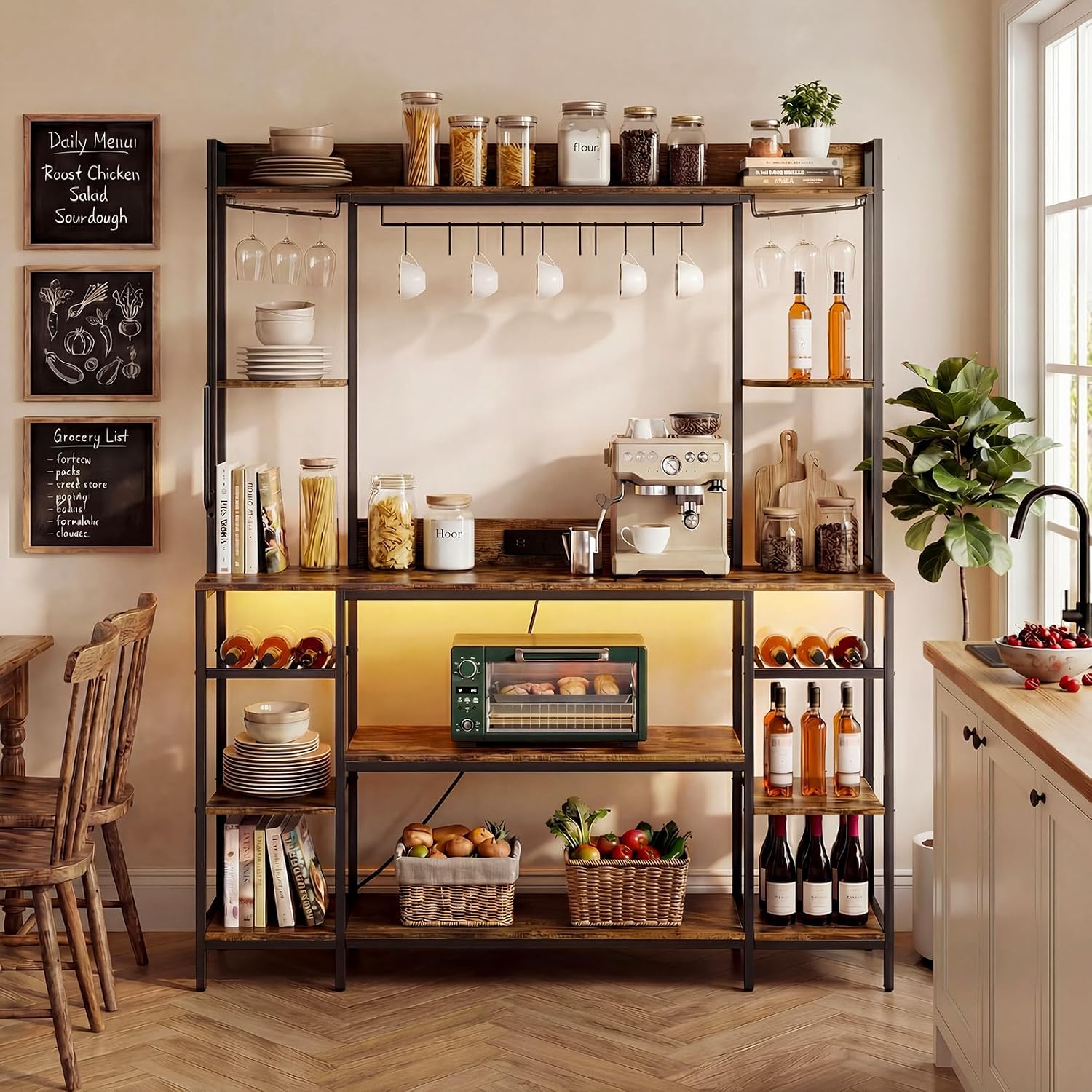 Large Bakers Rack with LED Lights & Power Outlet, 55" Wide Microwave Stand with Storage Shelves, 6-Tier Kitchen Racks and Shelves, Wine Glass Holder, 11 Hooks with App Control
