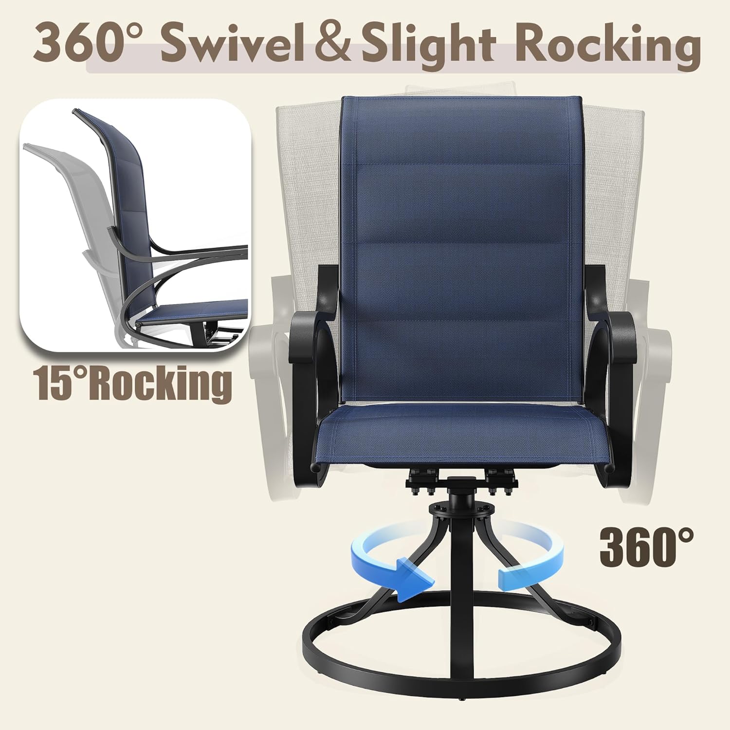 Patio Swivel Chairs Set of 4, All Weather Outdoor Rocking Chair with Textilene Breathable Back, Cotton Padding, Patio Dining Chair for Backyard, Garde, Porch and Deck (4, Blue)