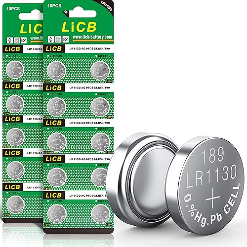 LiCB Paquete de 20 pilas de botón alcalinas de larga duración LR1130 AG10 de 1,5 V