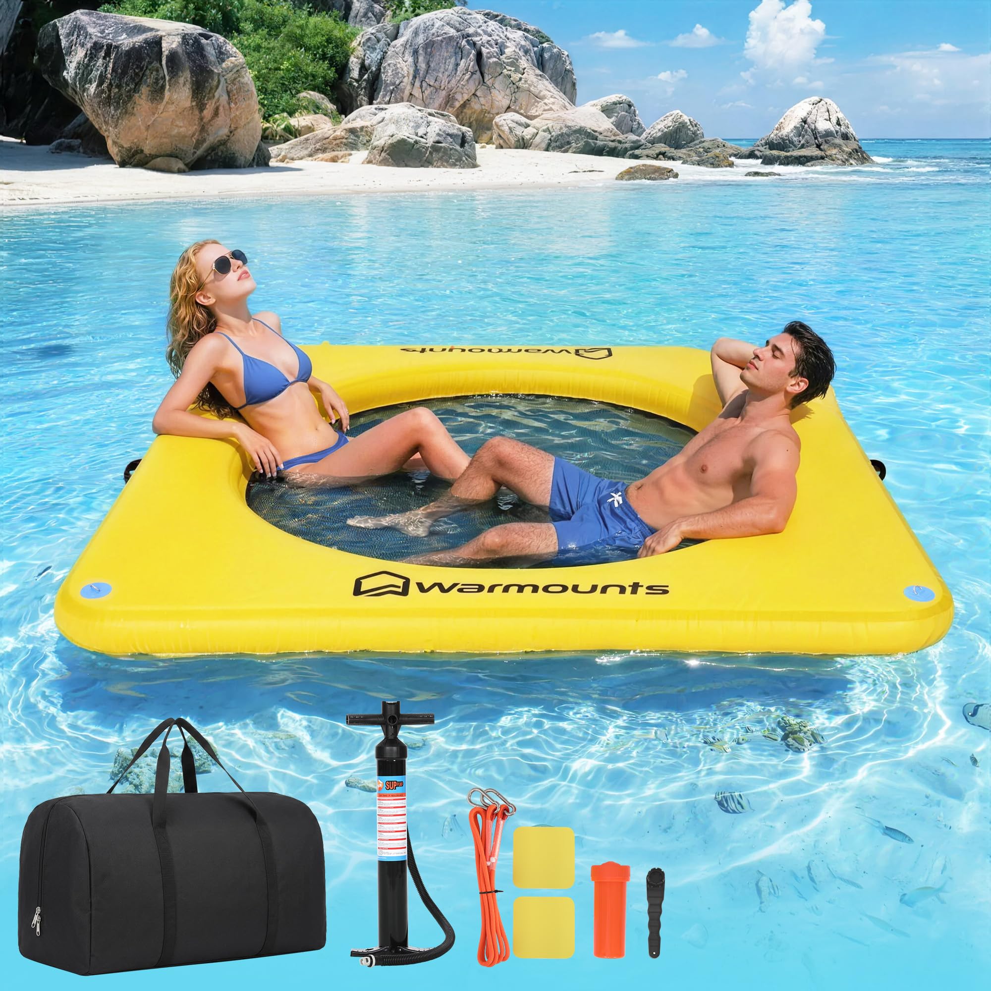 WARMOUNTS Aufblasbare Schwimminsel Wasserhängematte mit Netzmitte, rutschfeste Schwimmmatte Badeplattform für See Pool Meer, Schwimmplattform für Erwachsene Hunde, inkl. Pumpe Tasche Seil
