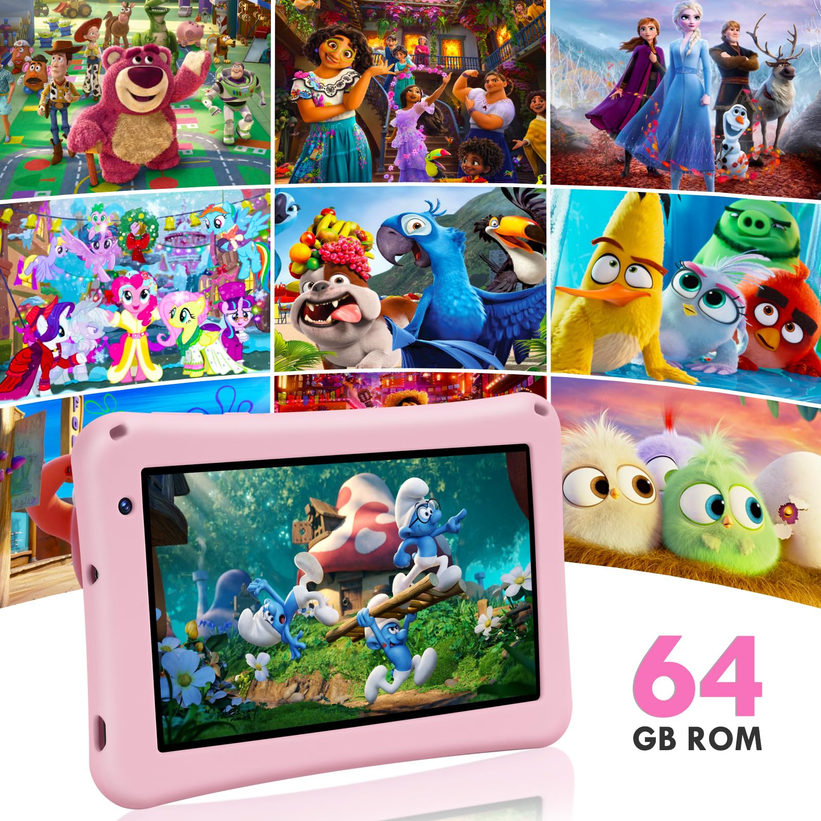 BISAIKASOW Tablet Bambini 7pollici, Android 13, Octa-Core, 8GB+64GB (esp. 256GB), 5800mAh Batteria, Doppia Cam. 5MP+8MP, Software Bambini, Controllo Parentale, con Custodia (Rosa)