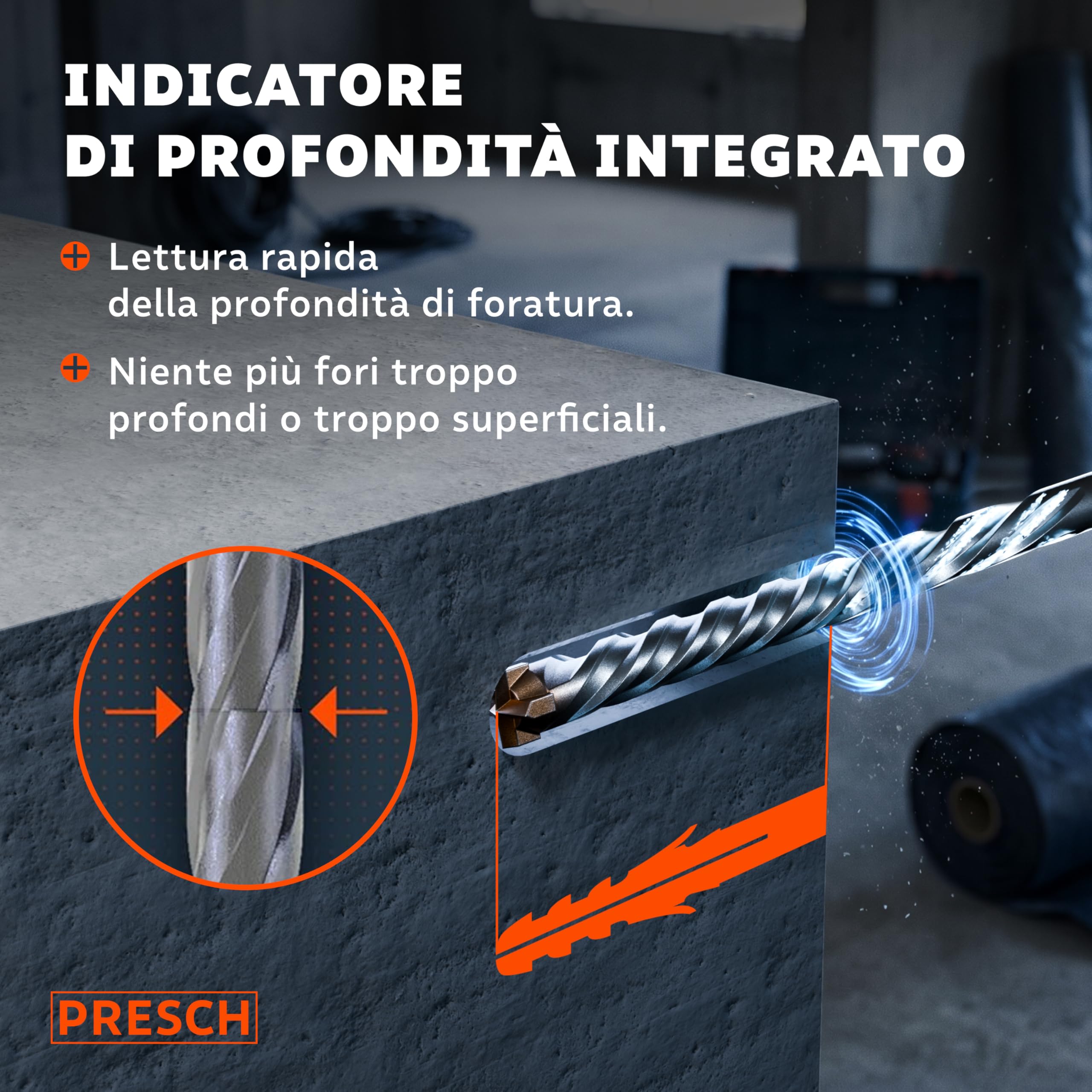 PRESCH Punte SDS plus 8mm (10 pz.) – Punta trapano muro con 4 taglienti carburo – Indicatore Lunghezza Tassello – Set Punte da trapano robusta per cemento, calcestruzzo, granito, mattone e muratura