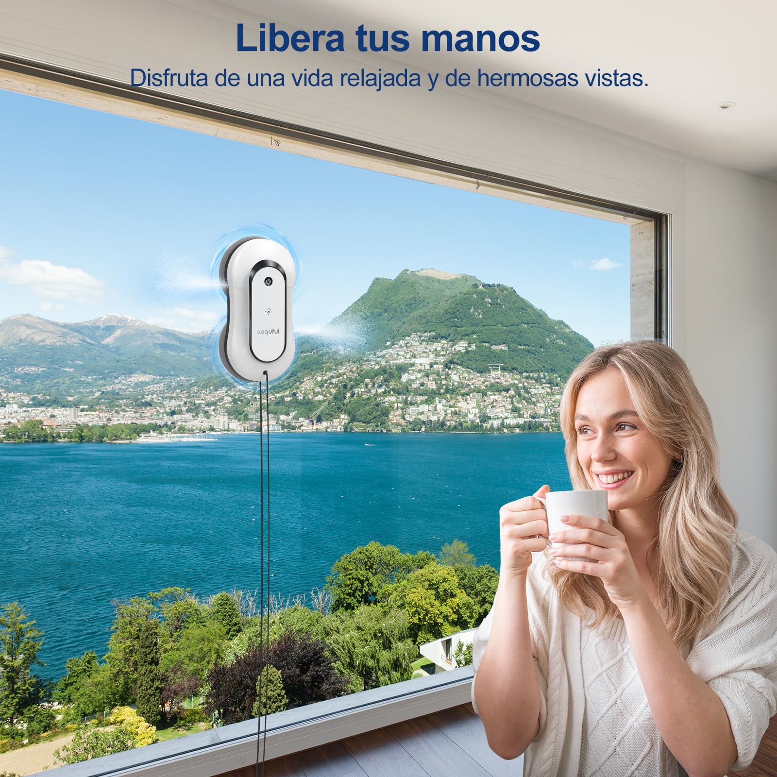 Robot Limpiacristales Inteligente, Limpiador Eléctrico de Ventanas con Doble Rociado de Agua, Control Remoto y por Aplicación, para Ventanas Interiores y Exteriores, Incluye 12 Paños, Blanco