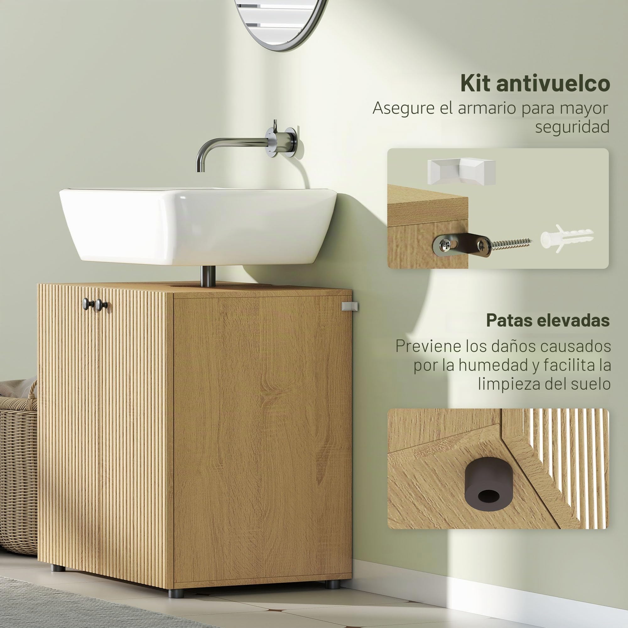 HOMCOM Mueble bajo Lavabo 2 Puertas 60x39,8x58,5cm Efecto Madera Natural | Cierre suave, estante ajustable, armario bajo lavabo para baño
