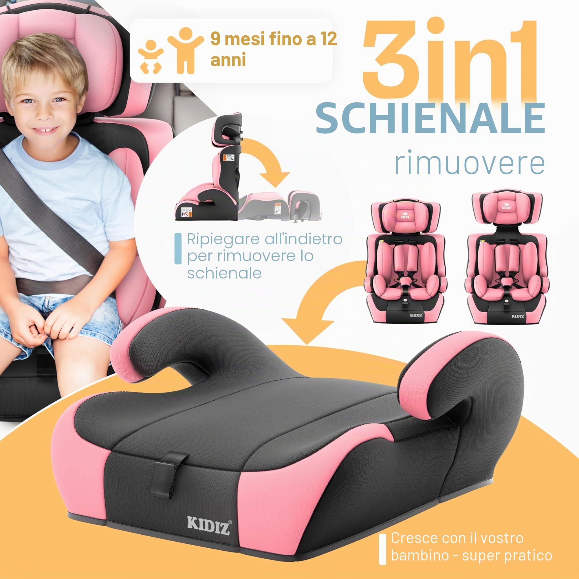 Kidiz®, seggiolino auto i-Size R129 100-150 cm fino a 12 anni, seggiolino per bambini gruppo 1/2/3 senza Isofix, seggiolino per bambini a crescita regolabile, cintura a 5 punti e poggiatesta