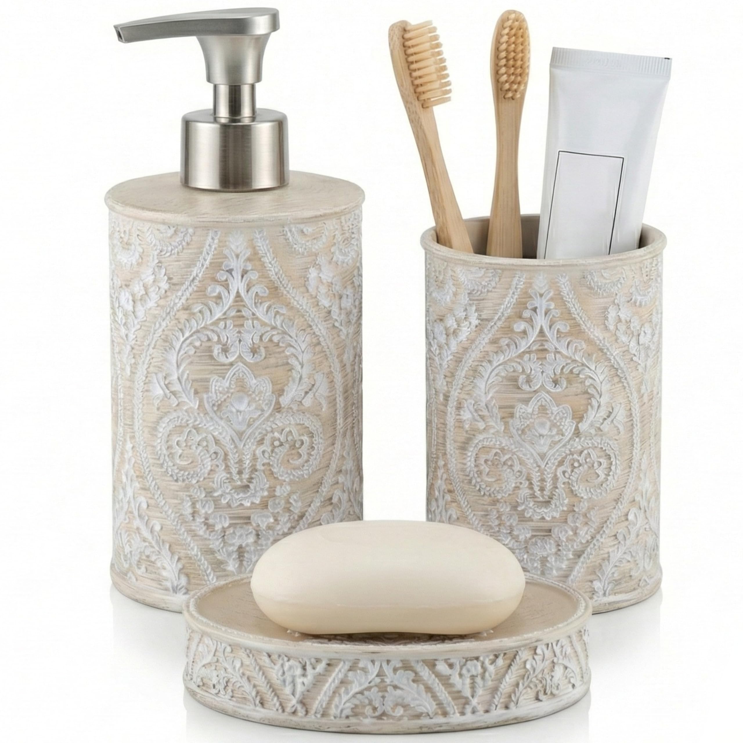 Set de BaƱo 3 Piezas Serie Damask - Dispensador (Bomba Zinc Inoxidable), Portacepillos y Jabonera - DiseƱo ClƔsico Relieve Floral - Color Crema