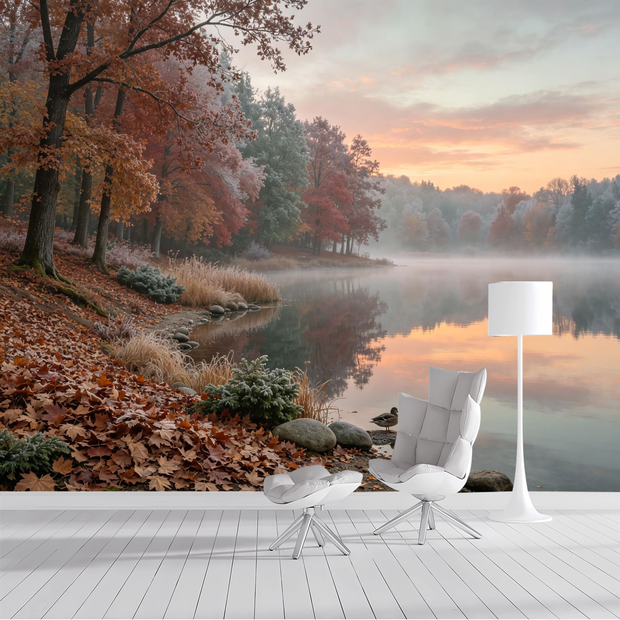 Custom Size Wall Mural Autumn Lake Misty Sunrise Landscape Oil Painting SelfAdhesive Wall Fabric Removable Peel and Stick Wallpaper Wall Decor for Living Room Bedroom Bathroom