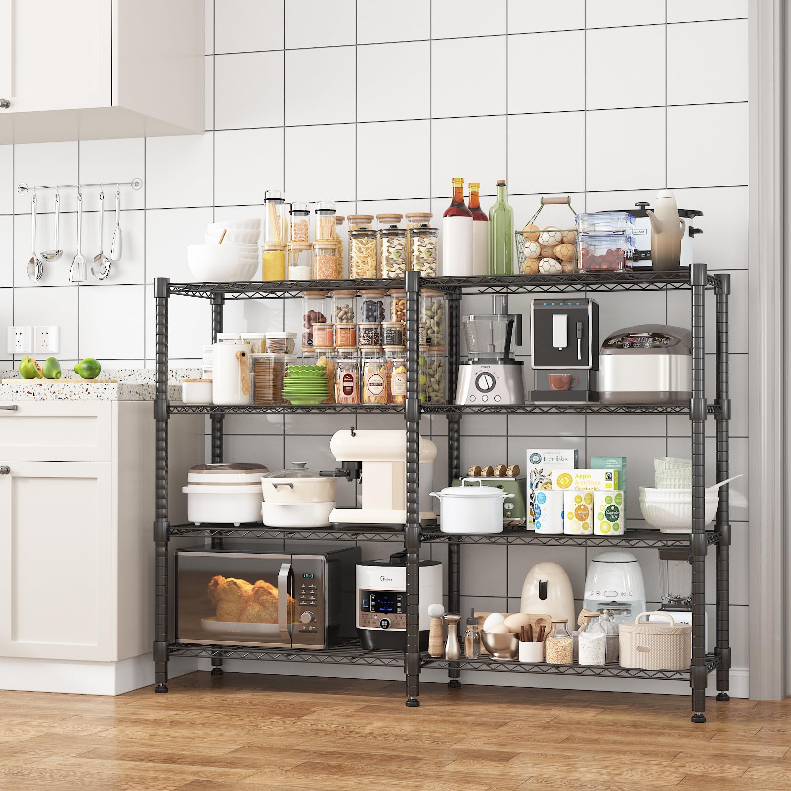 Himimi 4-laags metalen opbergrek met wielen en stelpoten, in hoogte verstelbare draadstelling, opbergrek voor badkamer keuken 400kg capaciteit, 76 x 35 x 183 cm Zwart Himimi 4-laags metalen opbergrek met wielen en stelpoten, in hoogte verstelbare draadstelling, opbergrek voor badkamer keuken 400kg capaciteit, 76 x 35 x 183 cm Zwart
