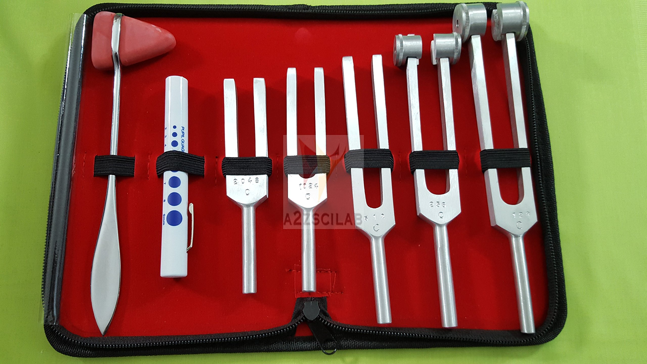 Set of 7 pcs Tuning Fork C128, C256, C512, C1024, C2048 + Reflex Percussion Taylor Hammer + Penlight (A2ZSCILAB Brand)