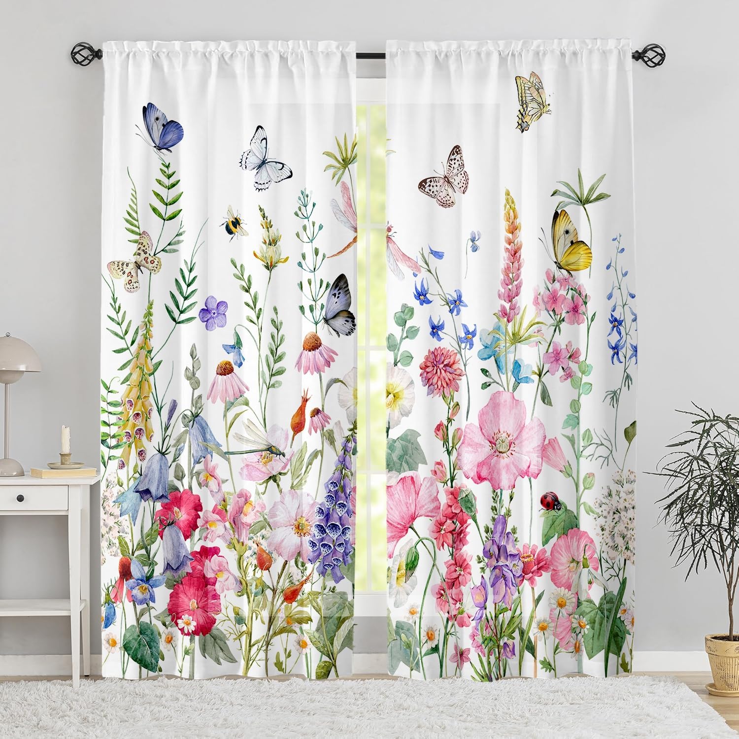 Floral Living Room Curtains 84 Inches Long Purple Pink Flowers Botanical Light Filtering Curtains for Bedroom Green Leaves Plants Drapes Spring Summer Farmhouse Country Window Treatment, 2 Panels