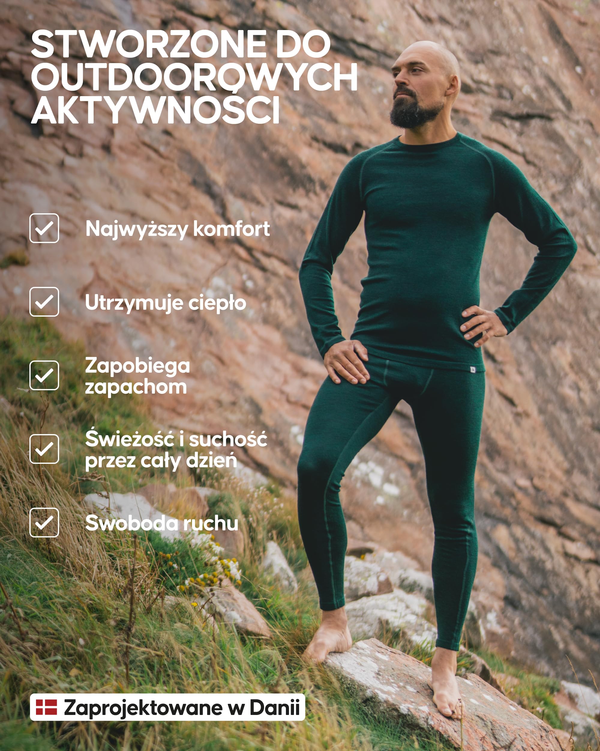DANISH ENDURANCE Bielizna Termoaktywna Merino, Długie Kalesony Męskie, Wełna Merino, Zestaw Termoaktywny, Odzież Termiczna na Zimę