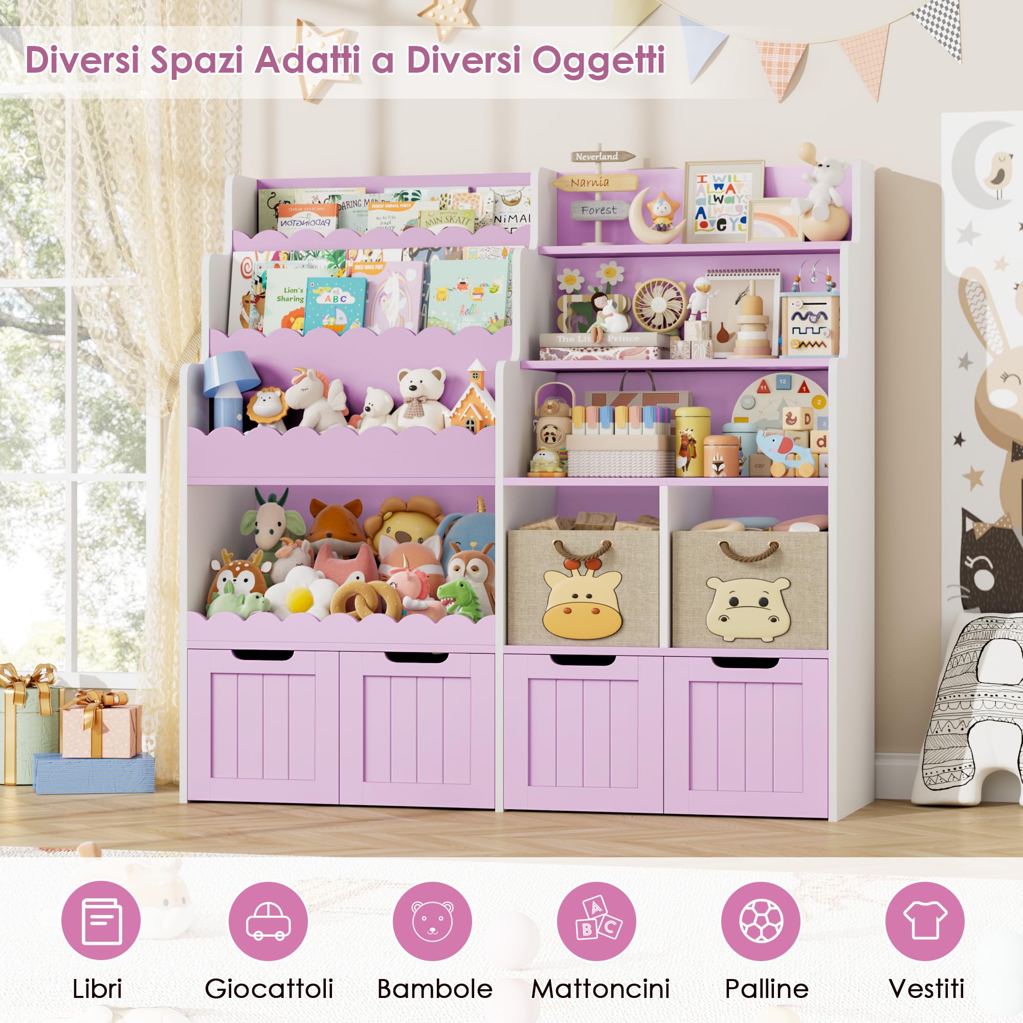 FOREHILL Libreria Montessoriana per Bambini, Porta Giochi Bambini a 4 Cassetti con Ruote Girevoli a 360°, Mobile Porta Giochi con Libreria a 3 Ripiani, 5 Scomparti Aperti, 125.5x40x120 cm (Lilla)