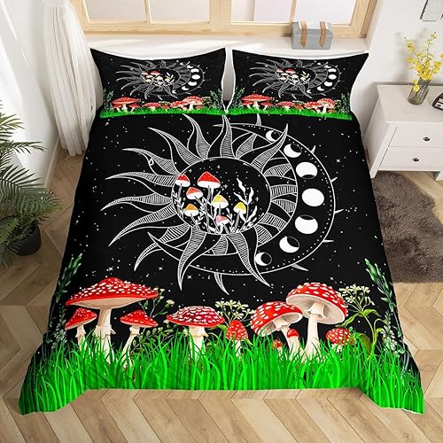 Manfei Juego de funda de edredón de hongos para niños, tamaño King, funda de edredón con estampado floral botánico con 2 fundas de almohada, juego