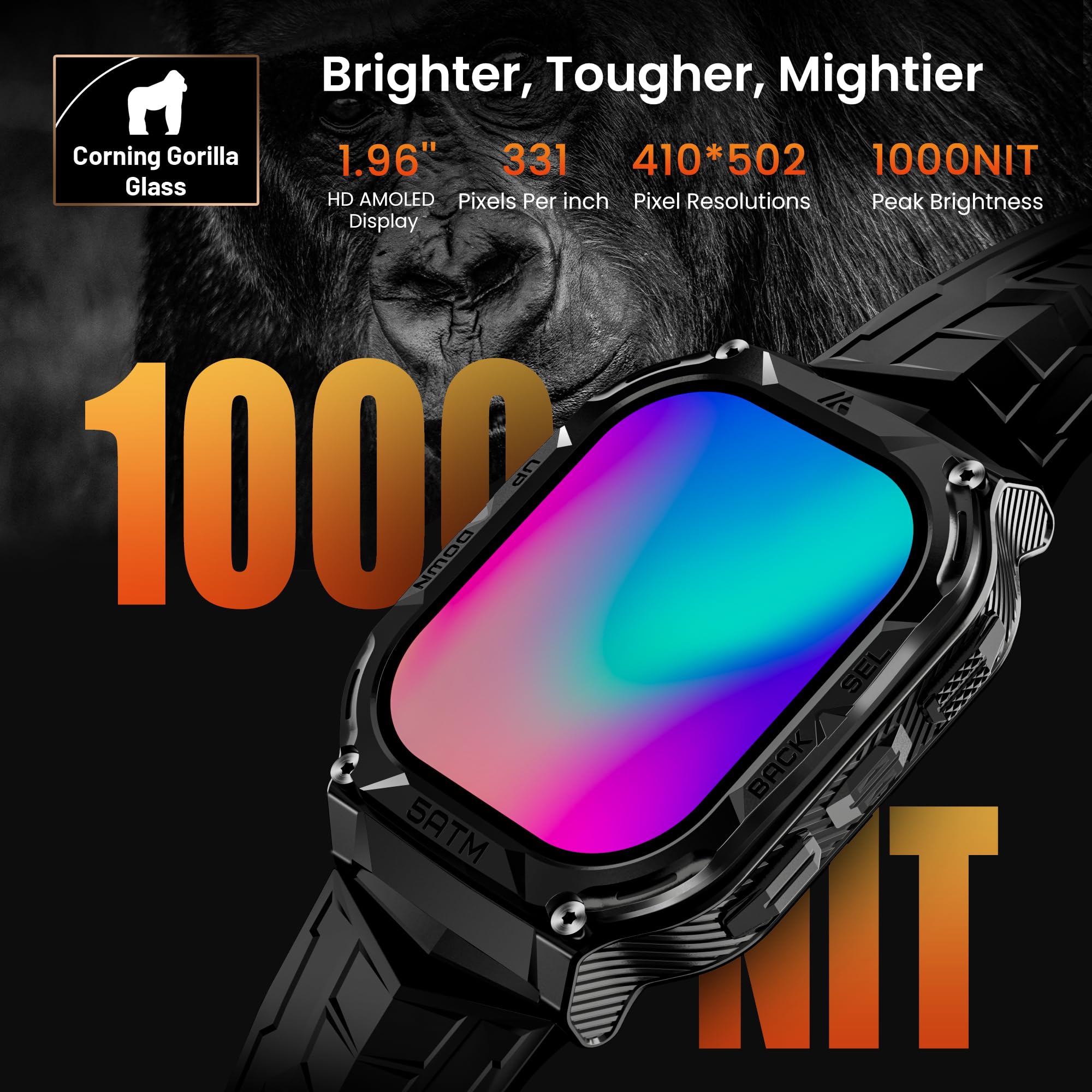 HIDAMEL M3E Smartwatch, Orologio Militare Uomo, GPS Integrato, Grande Schermo AMOLED 1,96", Durata Batteria 50 Giorni, Impermeabile 5ATM, 170 Modalità Sportive (Nero carbone)