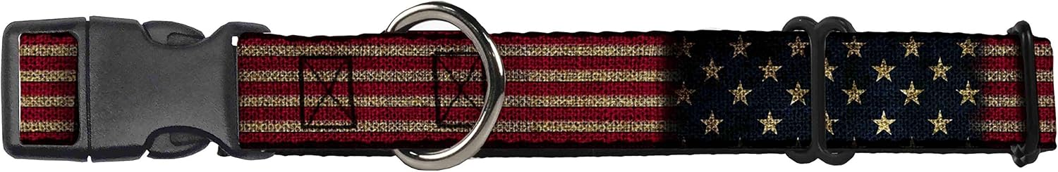 Buckle-Down Vintage US Flag Stretch Martingale Dog Collar, 1.5" Wide-Fits 18-32" Neck-Large