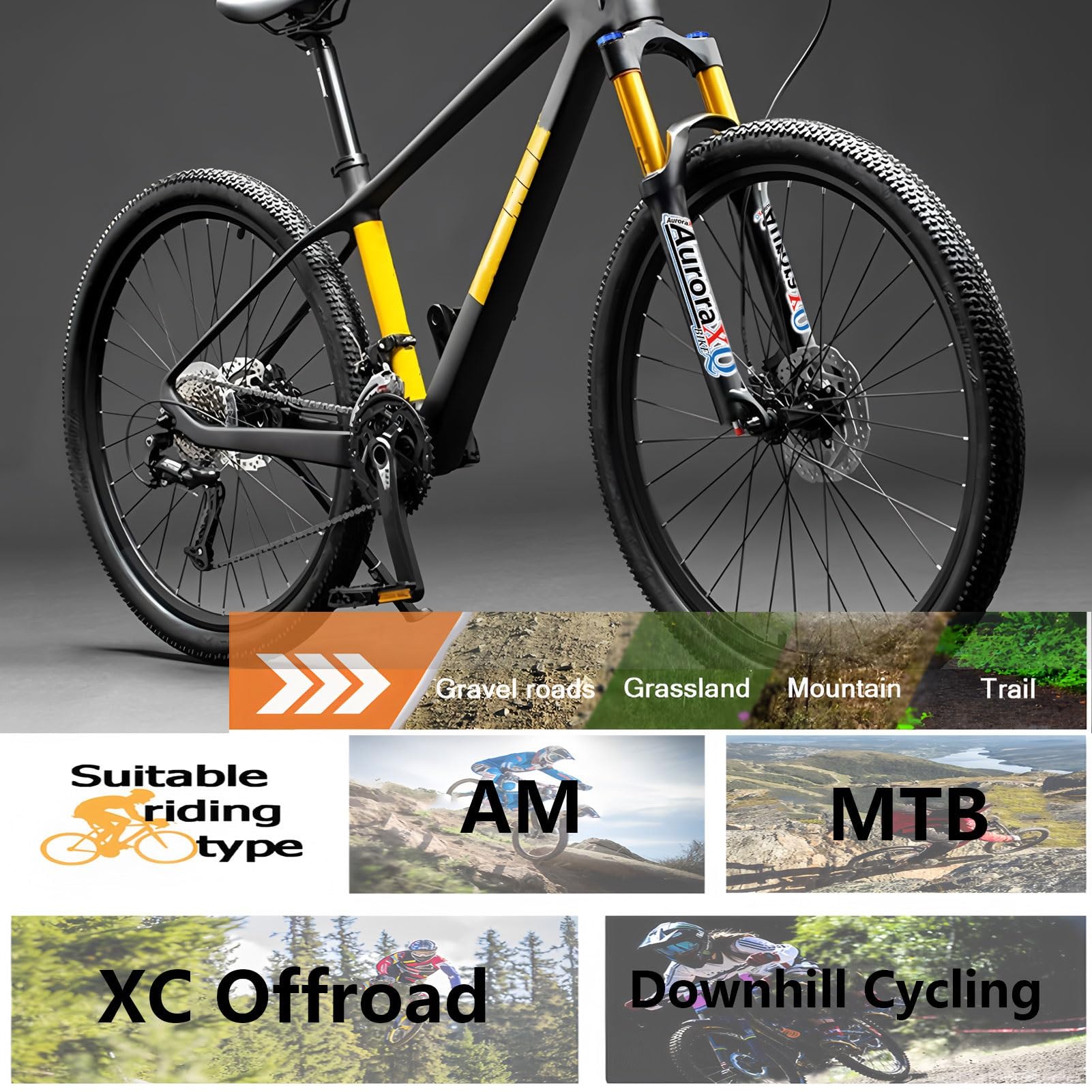 Horquilla de suspensión XQ de 26/27,5/29 Pulgadas, 160 mm de Recorrido, Ajuste de Rebote QR de 9 mm, 1-1/8" de sección Recta/cónica, Delantera para MTB XC.