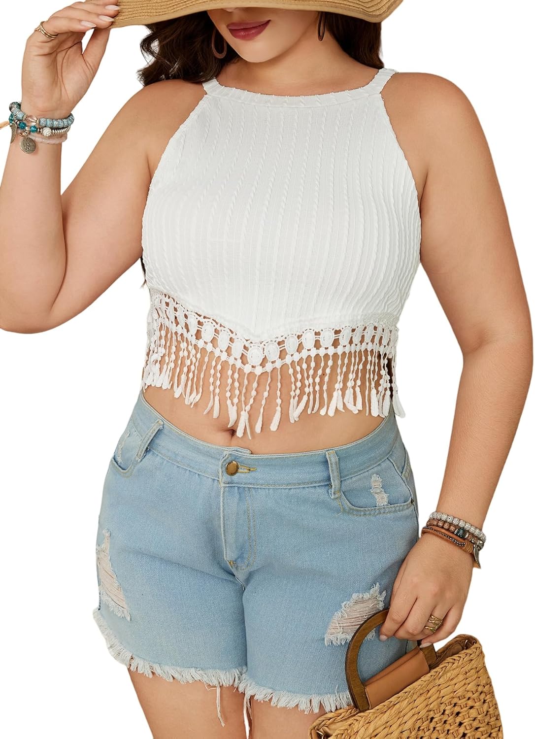 SHENHE Women's Plus Size Fringe Tank Top Halter Neck Boho Tassel Top Asymmetrical Crop Top