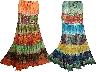 Mogul Interior 2pc Women Maxi Skirts Festival Fashion Tie Dye Gypsy Flirty Sexy Soft Skirts M/L Orange,Green