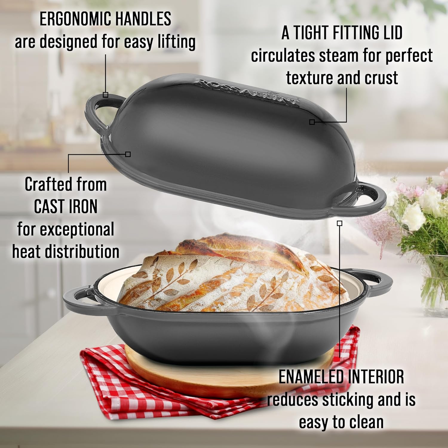 Signature Enameled Cast Iron Sourdough Bread Oven | Non-Stick with Tight Fitting Lid for Perfect Baking and Bread Making | 2QT Oval Oven With Lid [Oyster Grey]