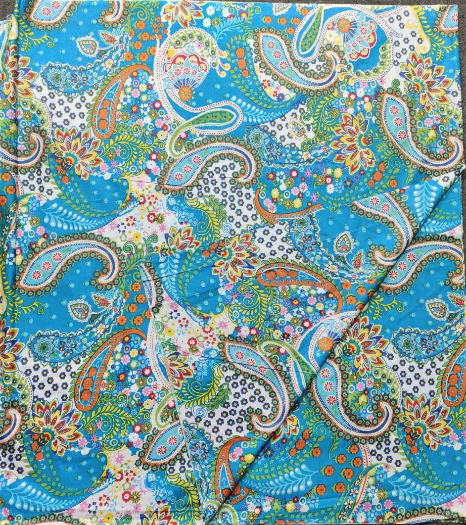 Indian Hand-Block Printed Jaipuri Flower Print Floral Ethnic Sanganer Kurti Print Cotton Fabric (Turquoise Paisley, 3 Yard)