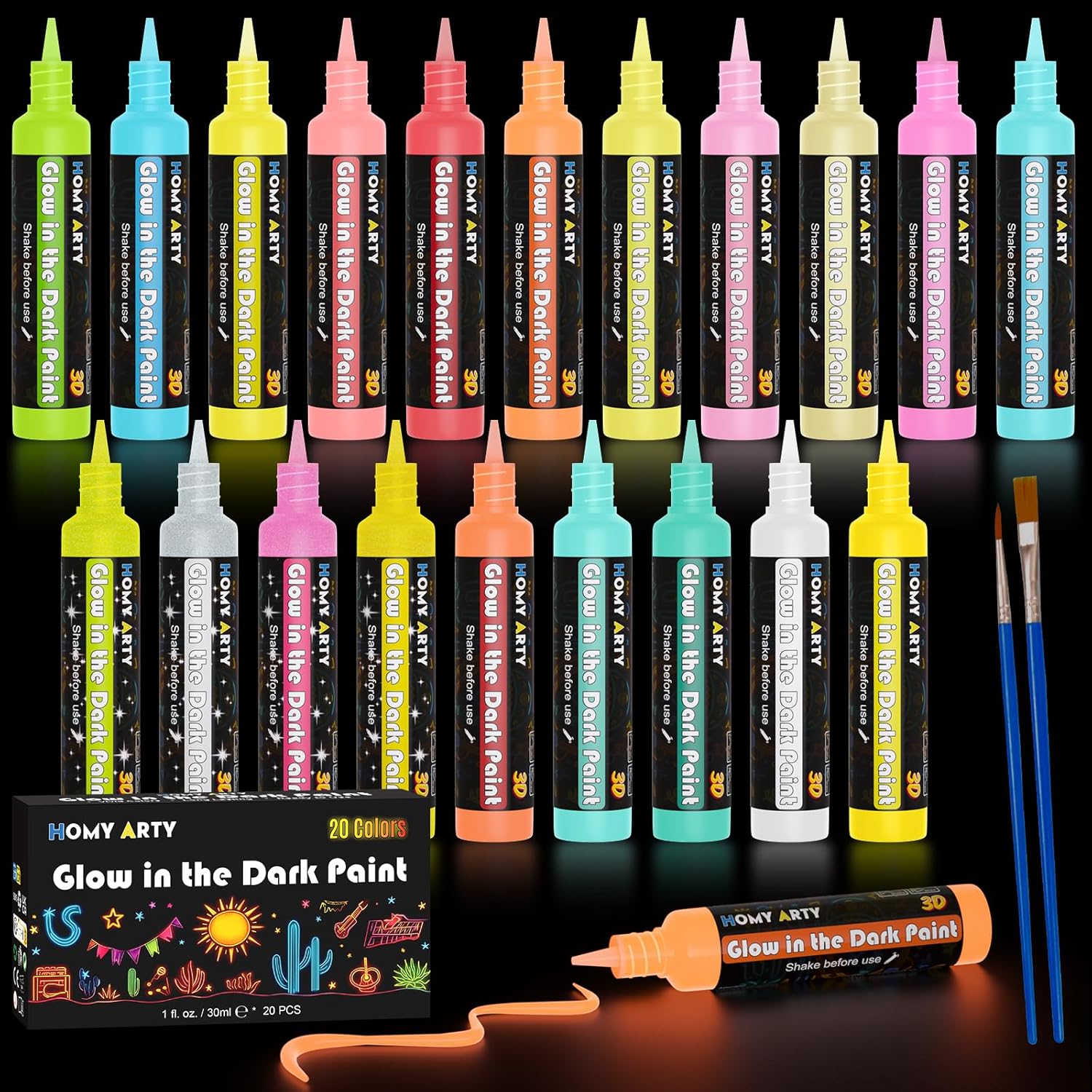 HOMY ARTY Glow in The Dark Fabric Paint - 20 Colors (1 fl.oz. Each) 3D Long-Lasting, Luminous Glow Acrylic Paint for T-Shirt, Canvas, Art Supplies, DIY Decoration