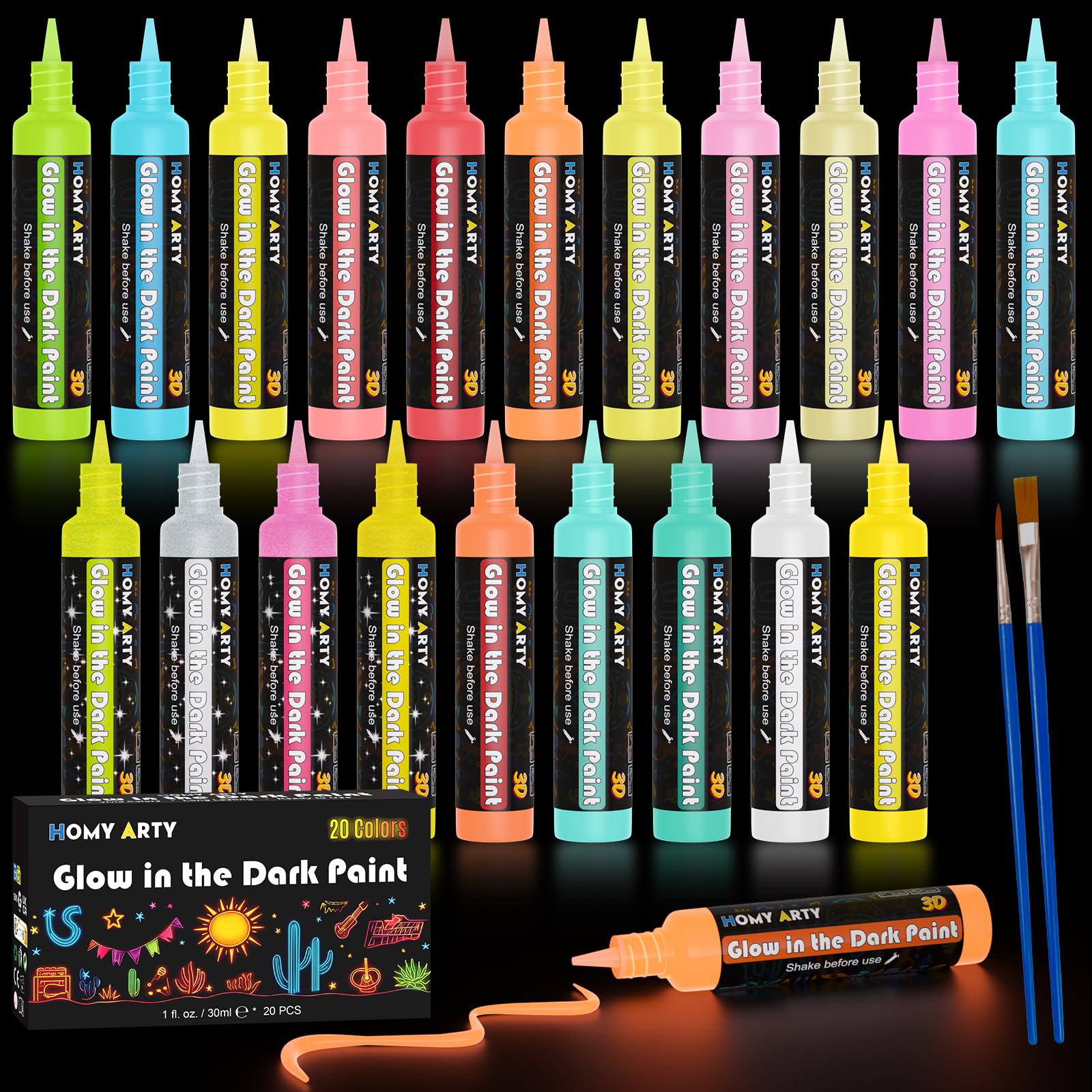 Peinture acrylique phosphorescente tissu 20 couleurs 3D et fournitures artistiques