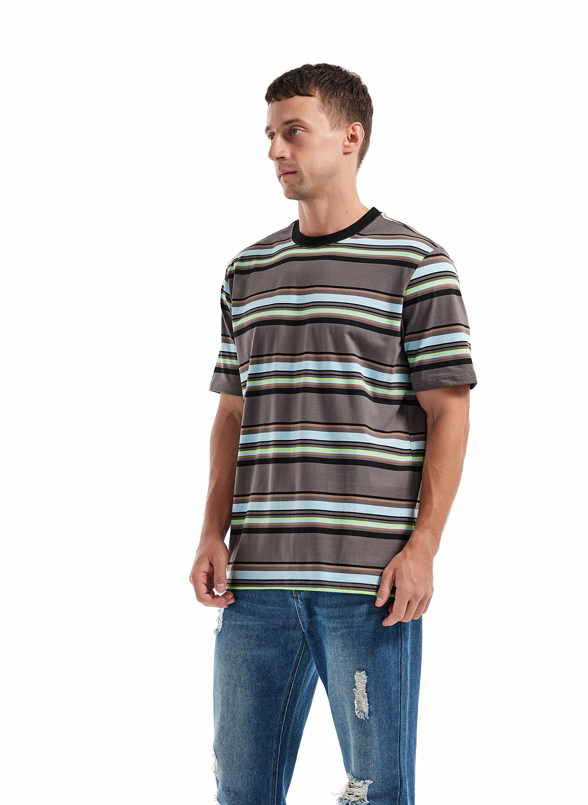 KLIEGOU Camiseta de moda para hombre, ajuste holgado, cuello redondo, a rayas