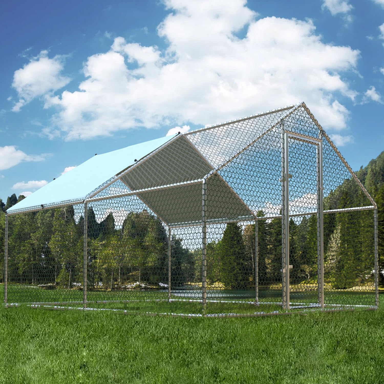 1.26'' Large Metal Chicken Coop Run Walk in, Chicken Runs for Yard with Cover, Chicken Pens Outdoor, Spire Roofed Outside Dog Kennel with Roof (9.8’