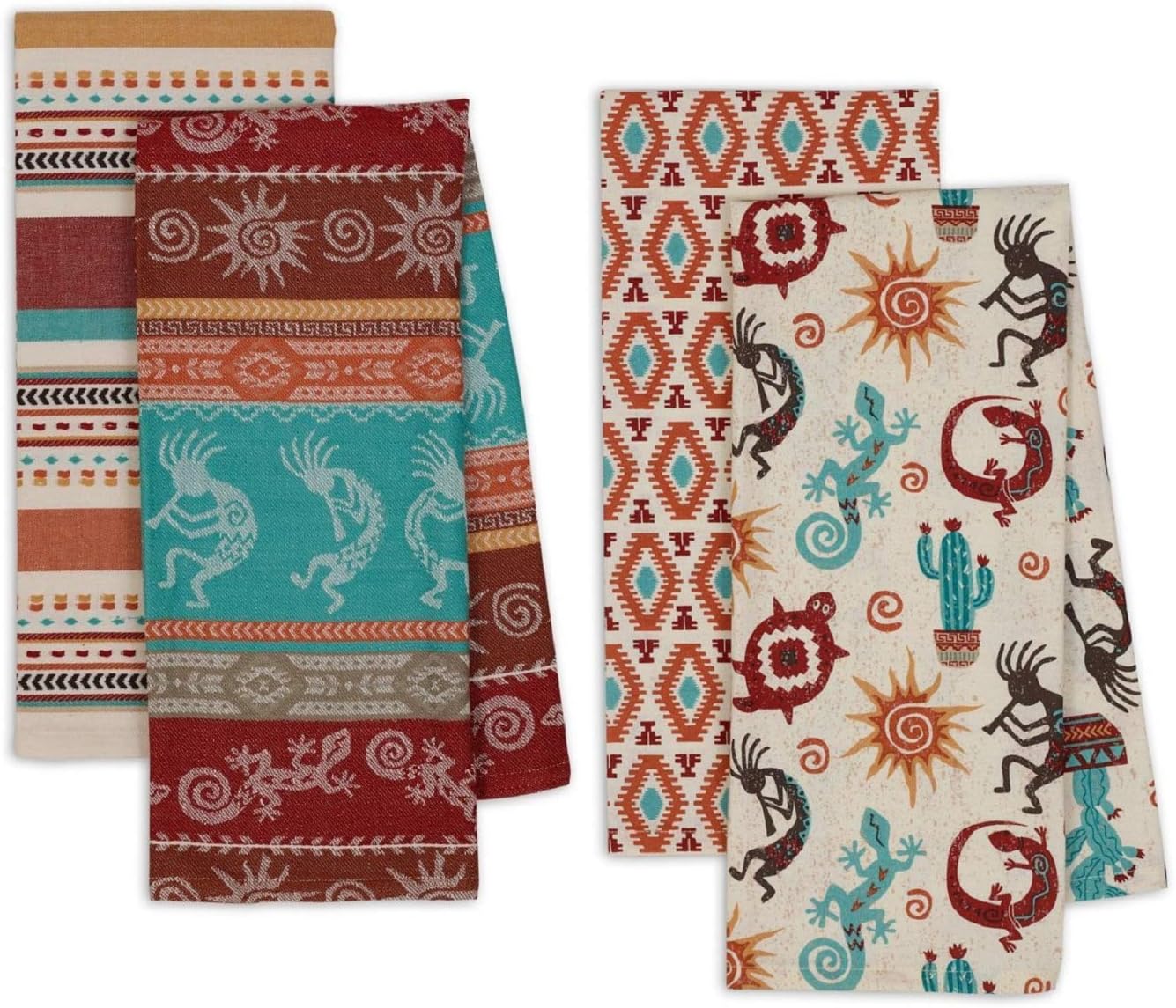 Southwestern Prints Kokopelli Gecko Cactus Turtle Kitchen Dish Towels, Set of 4 Flat Woven Towels for Southwest Kitchen Towels & Decor, Hand Towels, Baking, Cooking, Drying Dishes