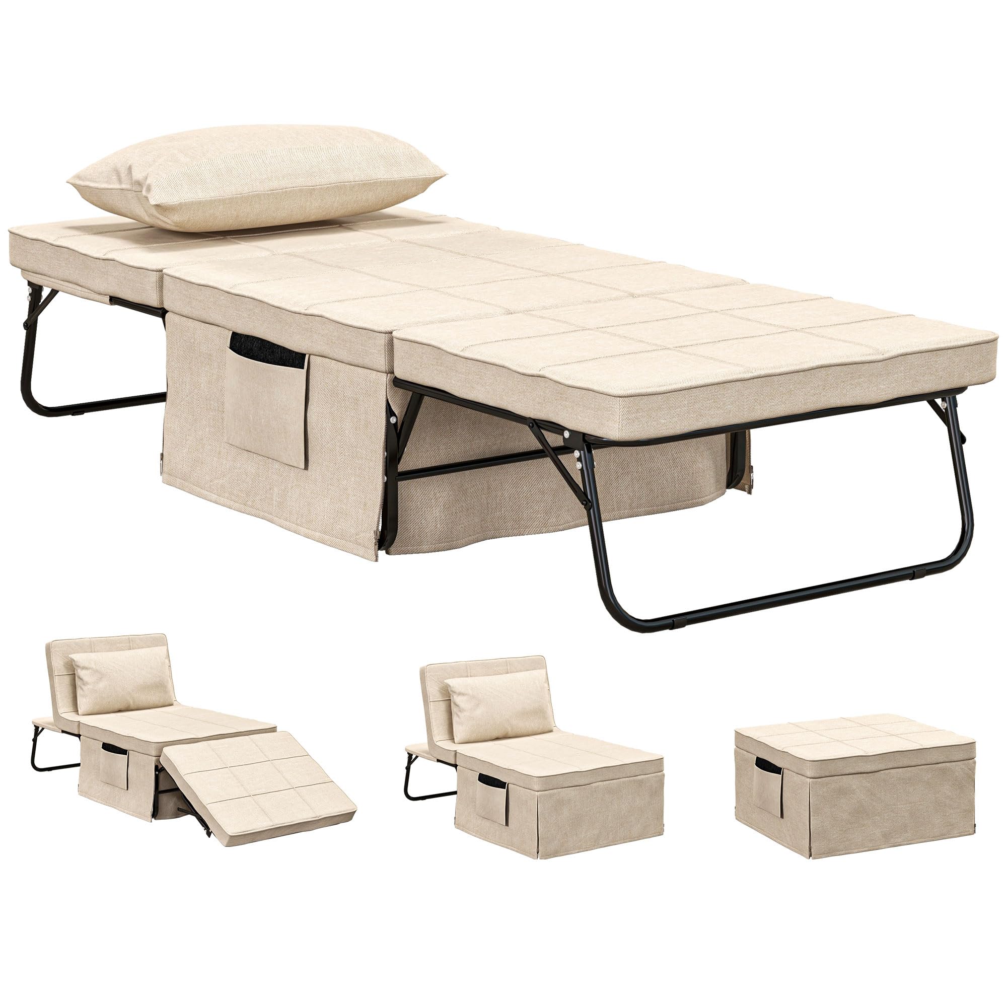 HOMCOM Sofá Cama de 1 Plaza 4 en 1, Sillón Cama Plegable, Otomana, Tapizado en Lino, con Respaldo Ajustable de 5 Niveles, Almohada Acolchada, para Oficina, Dormitorio, Salón, 75x80x74 cm, Crema